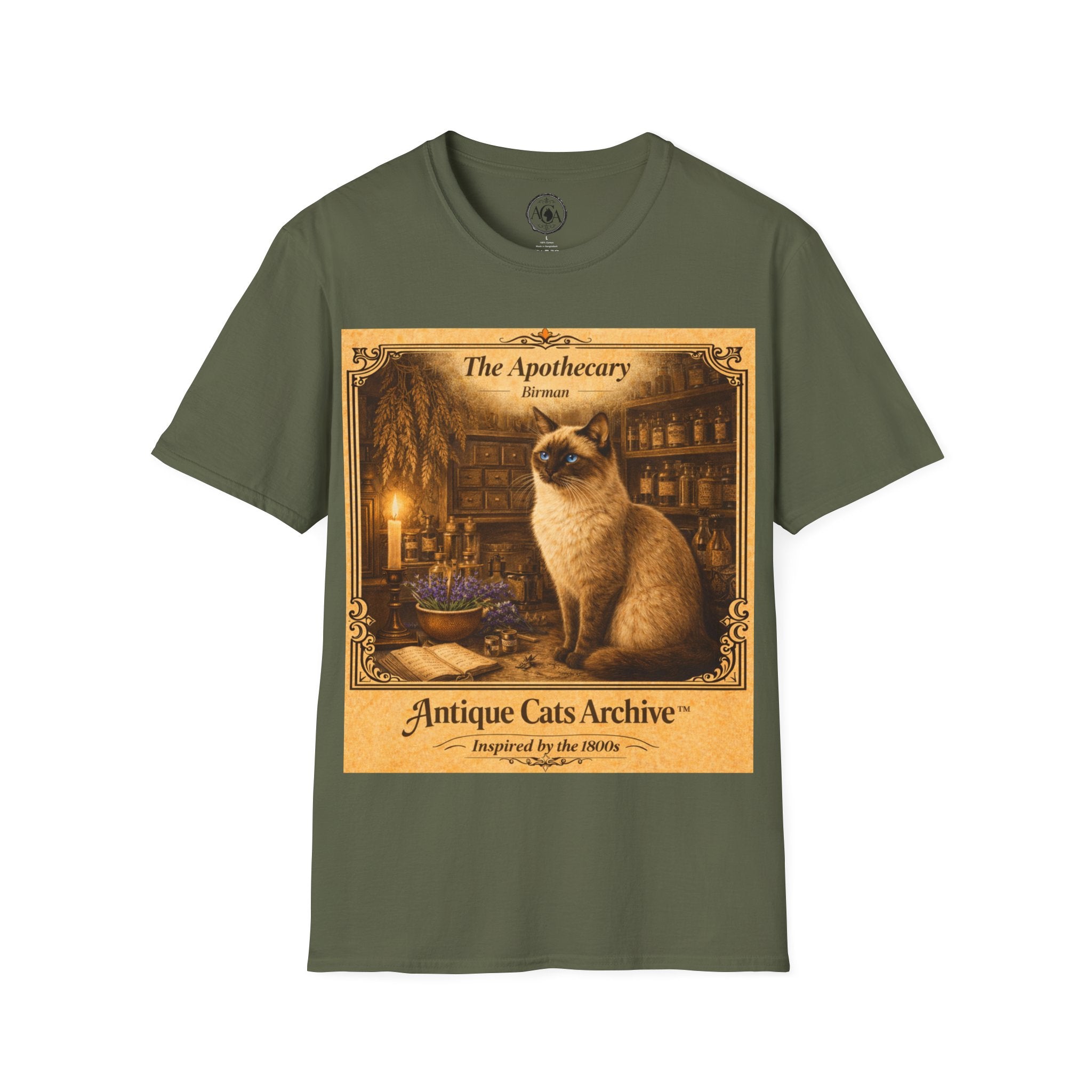 Antique Cats Archive™ Entry No. ACA-003-ALC “The Apothecary” Birman Cat T-Shirt – Vintage 1800s Engraving Style
