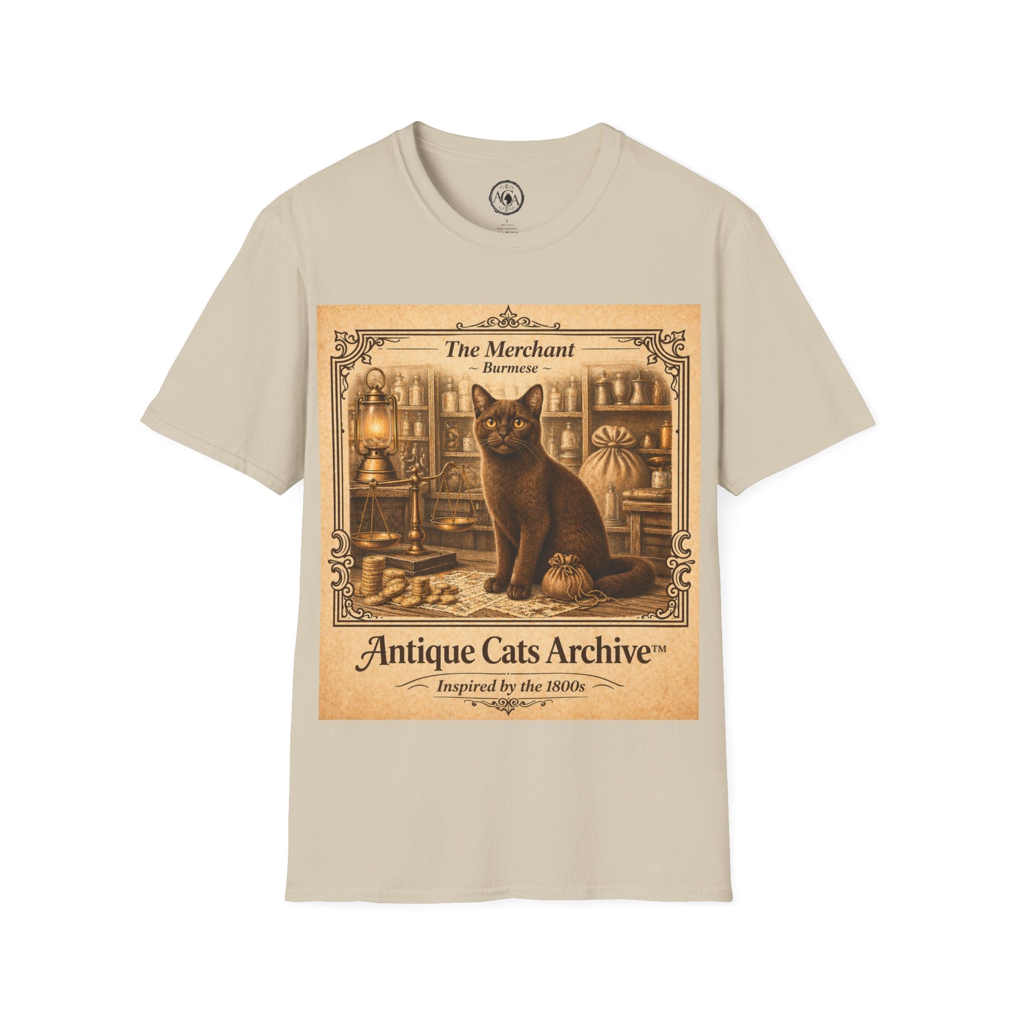 Antique Cats Archive™ Entry No. ACA-017-MER “The Merchant” Burmese Cat T-Shirt – Vintage 1800s Engraving Style