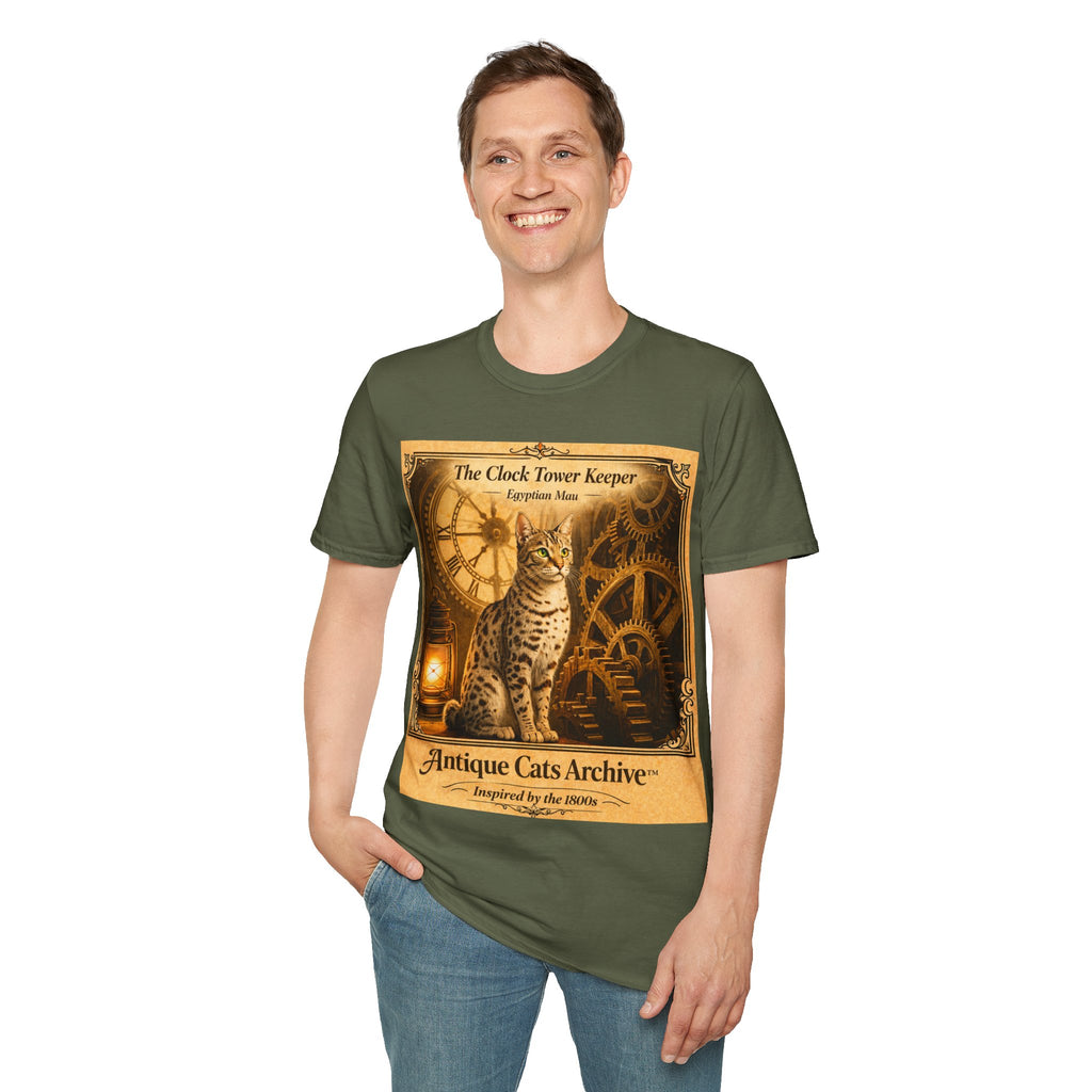 Antique Cats Archive™ Entry No. ACA-011-FND “The Clock Tower Keeper” Tabby Cat T-Shirt – Vintage 1800s Engraving Style