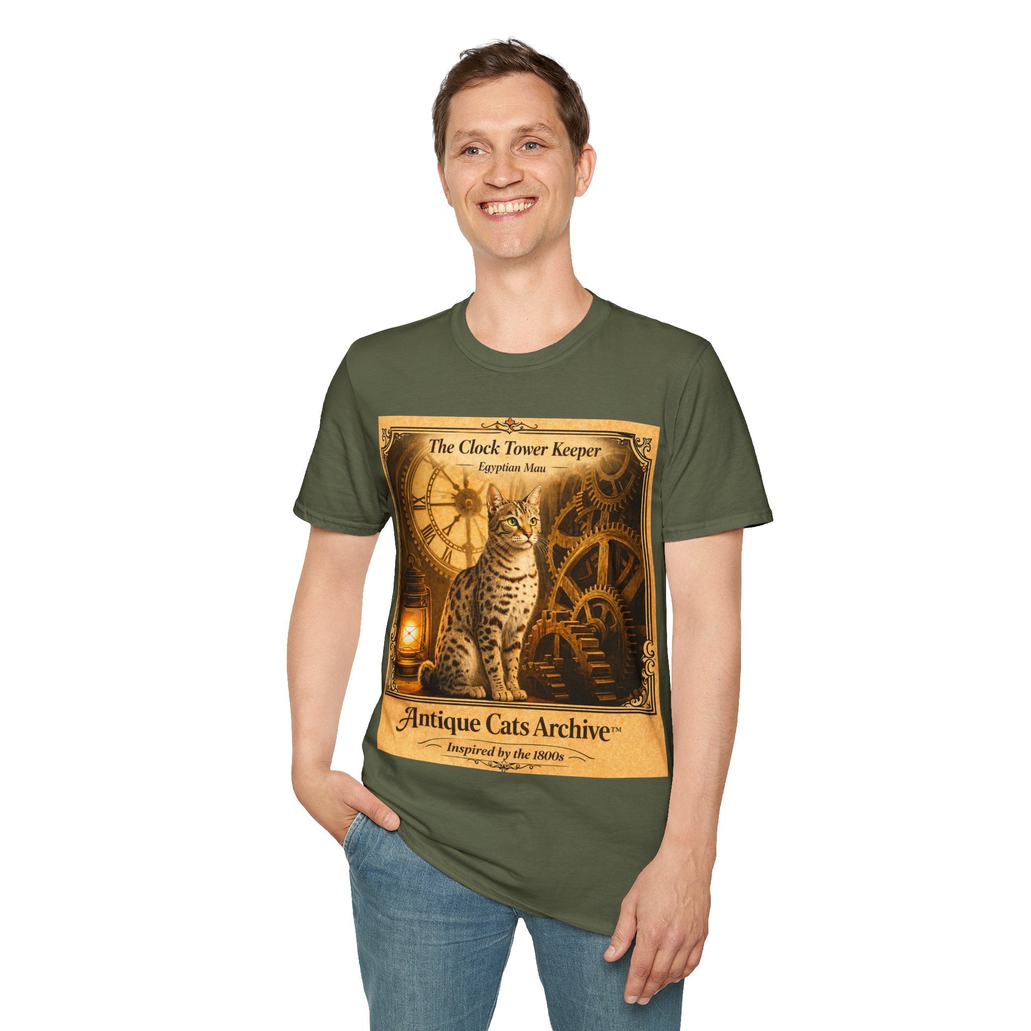 Antique Cats Archive™ Entry No. ACA-011-FND “The Clock Tower Keeper” Tabby Cat T-Shirt – Vintage 1800s Engraving Style