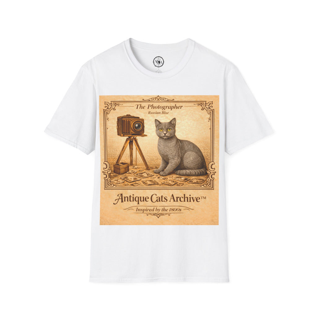 Antique Cats Archive™ Entry No. ACA-019-PHO “The Photographer” Russian Blue Cat T-Shirt – Vintage 1800s Engraving Style
