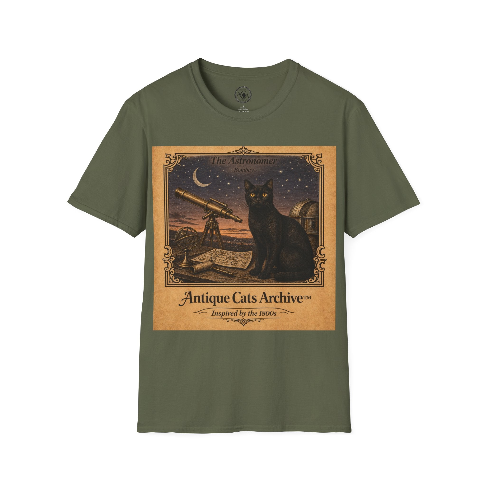 Antique Cats Archive™ Entry No. ACA-004-AST “The Astronomer” Bombay Cat T-Shirt – Vintage 1800s Engraving Style