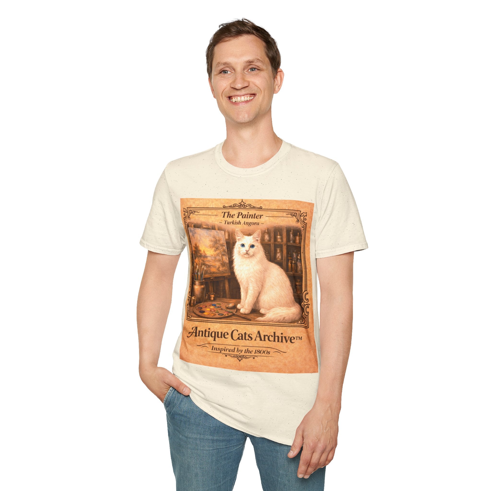 Antique Cats Archive™ Entry No. ACA-018-PNT “The Painter” Turkish Angora Cat T-Shirt – Vintage 1800s Engraving Style