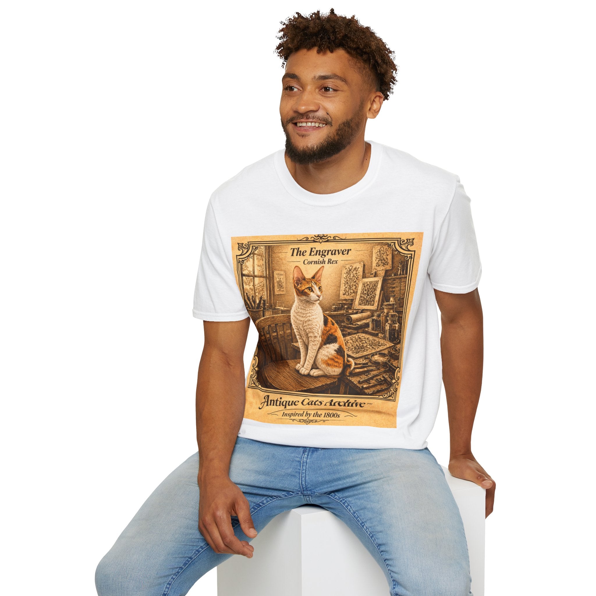 Antique Cats Archive™ Entry No. ACA-013-FND “The Engraver” Tabby Cat T-Shirt – Vintage 1800s Engraving Style