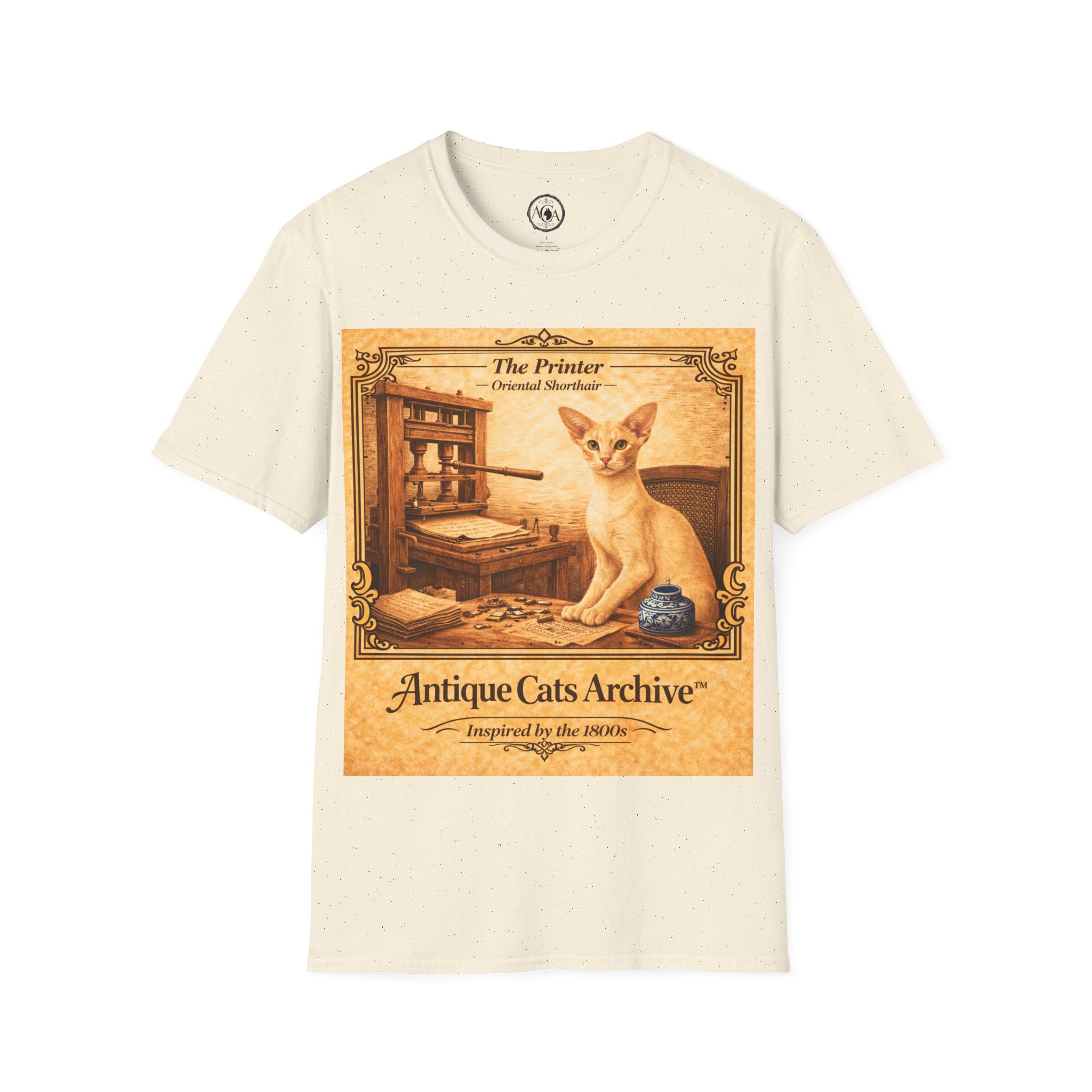 Antique Cats Archive™ Entry No. ACA-020-PRN “The Printer” Oriental Shorthair Cat T-Shirt – Vintage 1800s Engraving Style