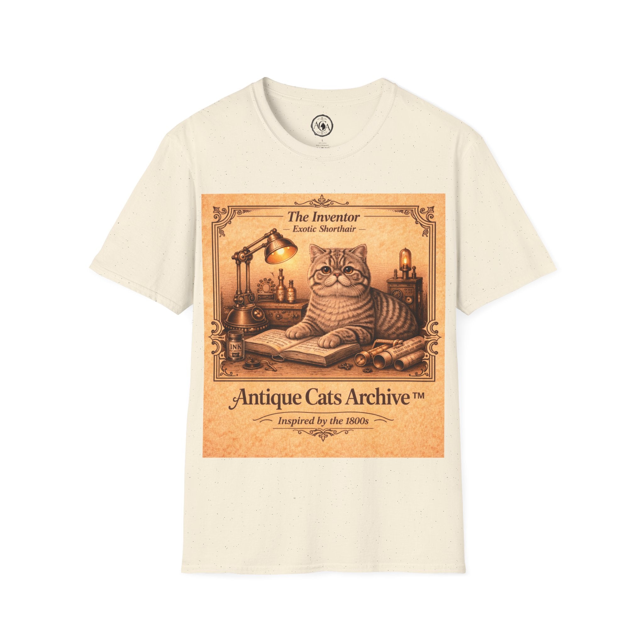 Antique Cats Archive™ Entry No. ACA-014-INV “The Inventor” Exotic Shorthair Cat T-Shirt – Vintage 1800s Engraving Style