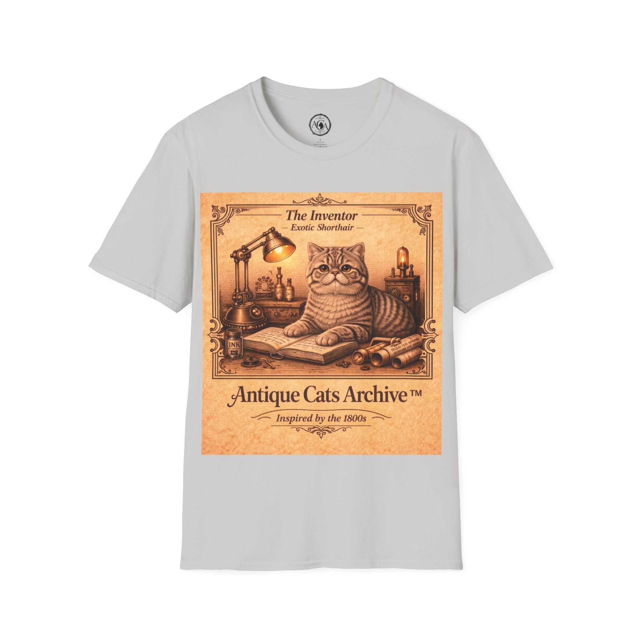 Antique Cats Archive™ Entry No. ACA-014-INV “The Inventor” Exotic Shorthair Cat T-Shirt – Vintage 1800s Engraving Style
