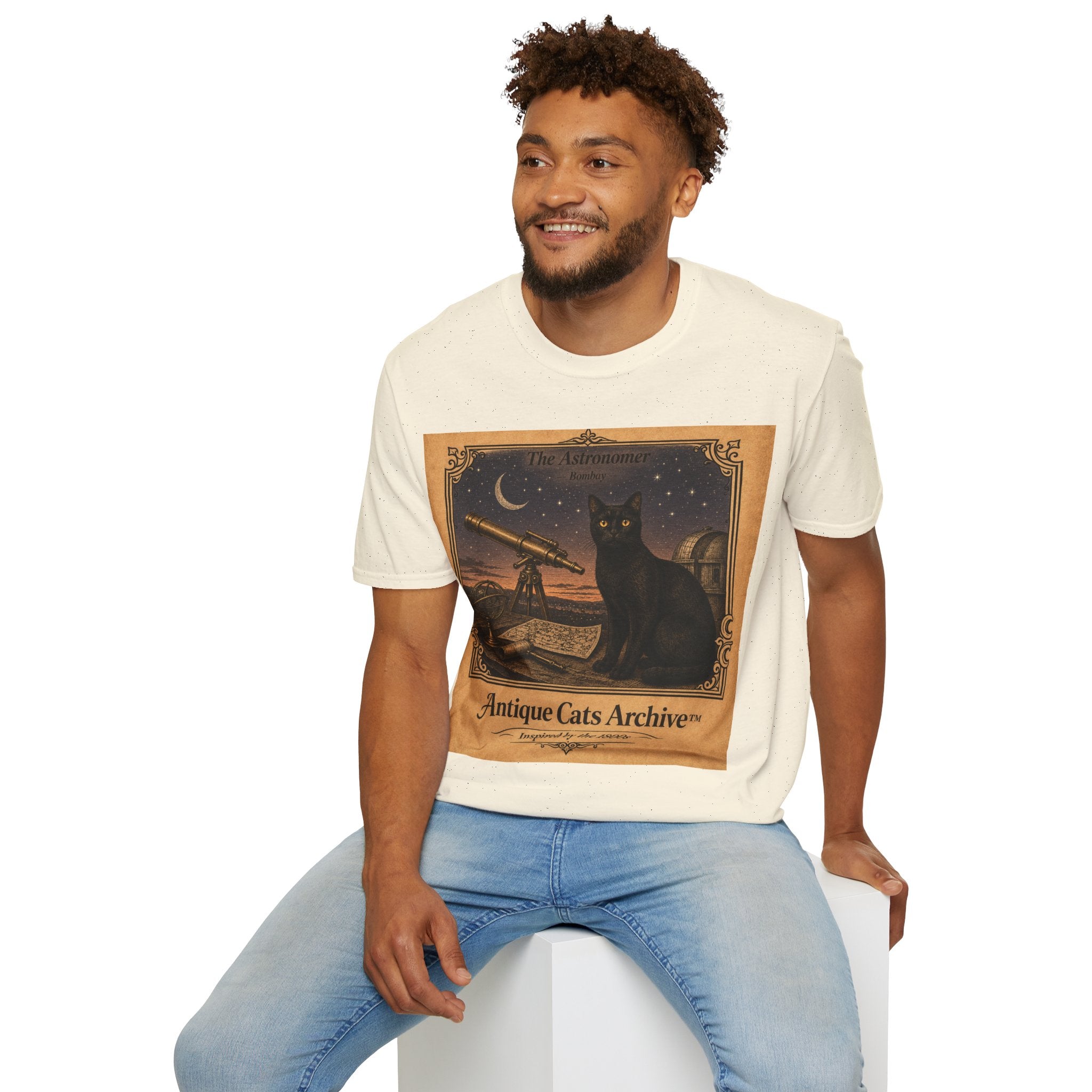 Antique Cats Archive™ Entry No. ACA-004-AST “The Astronomer” Bombay Cat T-Shirt – Vintage 1800s Engraving Style