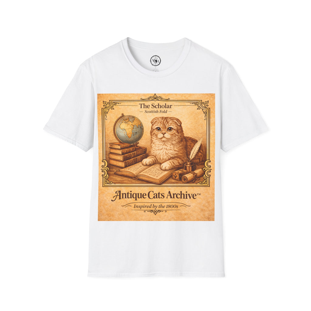 Antique Cats Archive™ Entry No. ACA-022-SCH “The Scholar” Scottish Fold Cat T-Shirt – Vintage 1800s Engraving Style