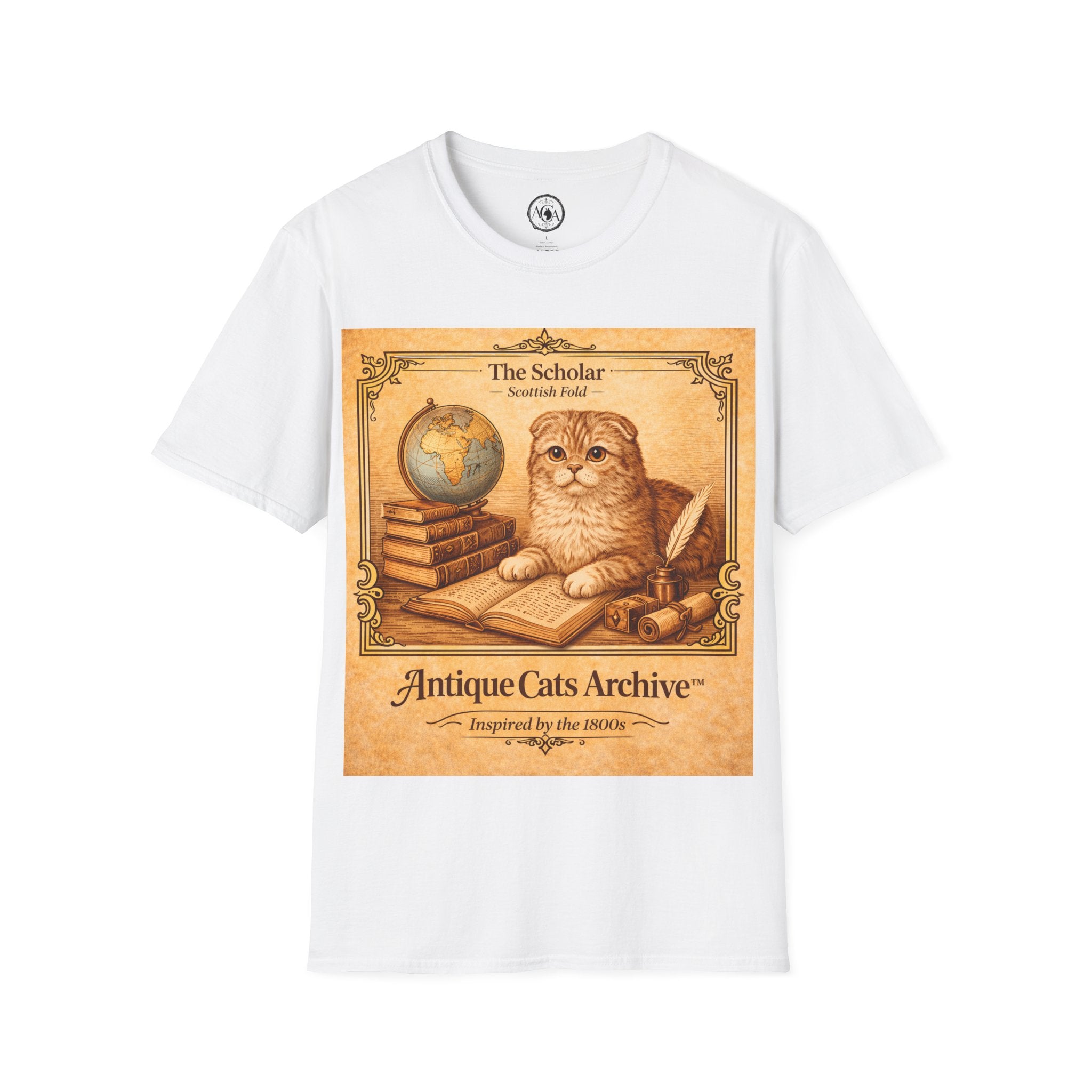 Antique Cats Archive™ Entry No. ACA-022-SCH “The Scholar” Scottish Fold Cat T-Shirt – Vintage 1800s Engraving Style