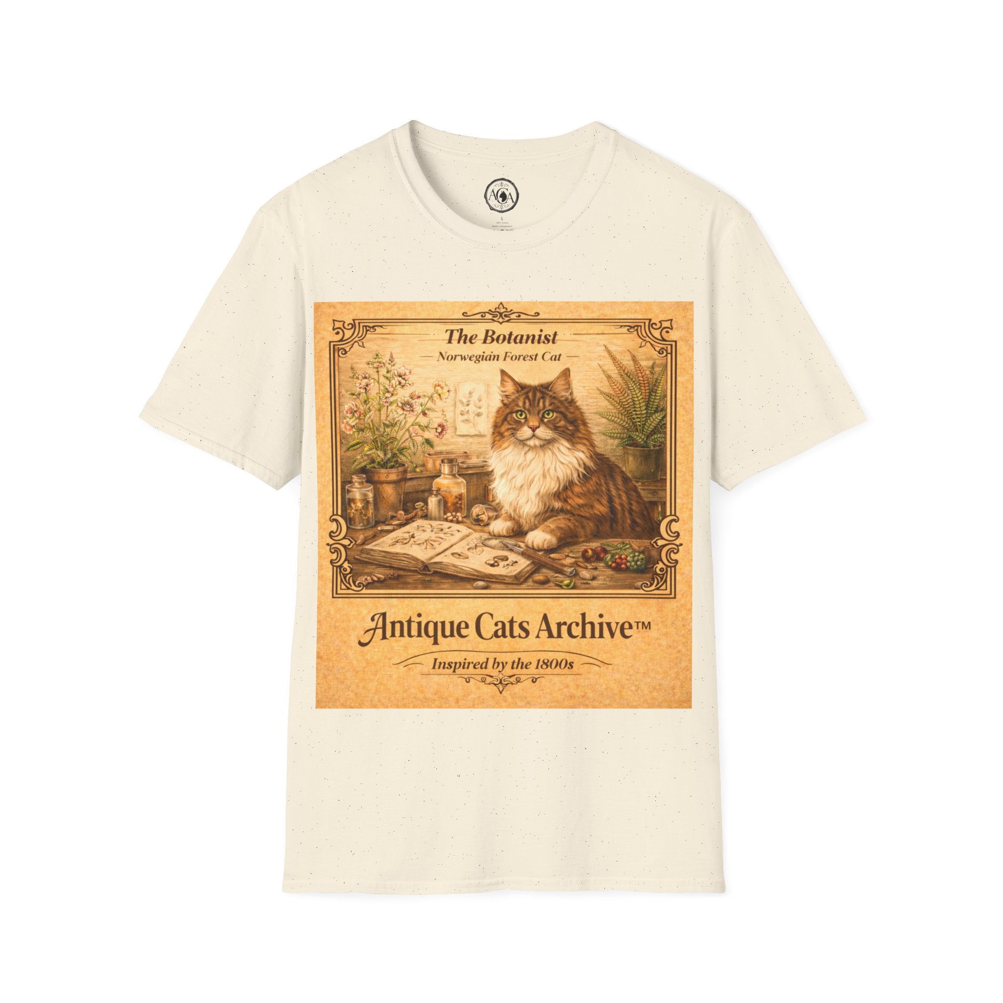 Antique Cats Archive™ Entry No. ACA-008-BOT “The Botanist” Norwegian Forest Cat T-Shirt – Vintage 1800s Engraving Style