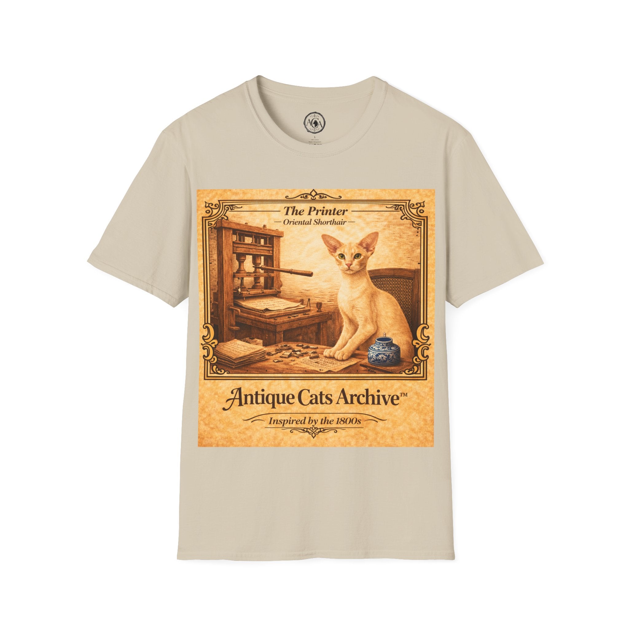 Antique Cats Archive™ Entry No. ACA-020-PRN “The Printer” Oriental Shorthair Cat T-Shirt – Vintage 1800s Engraving Style