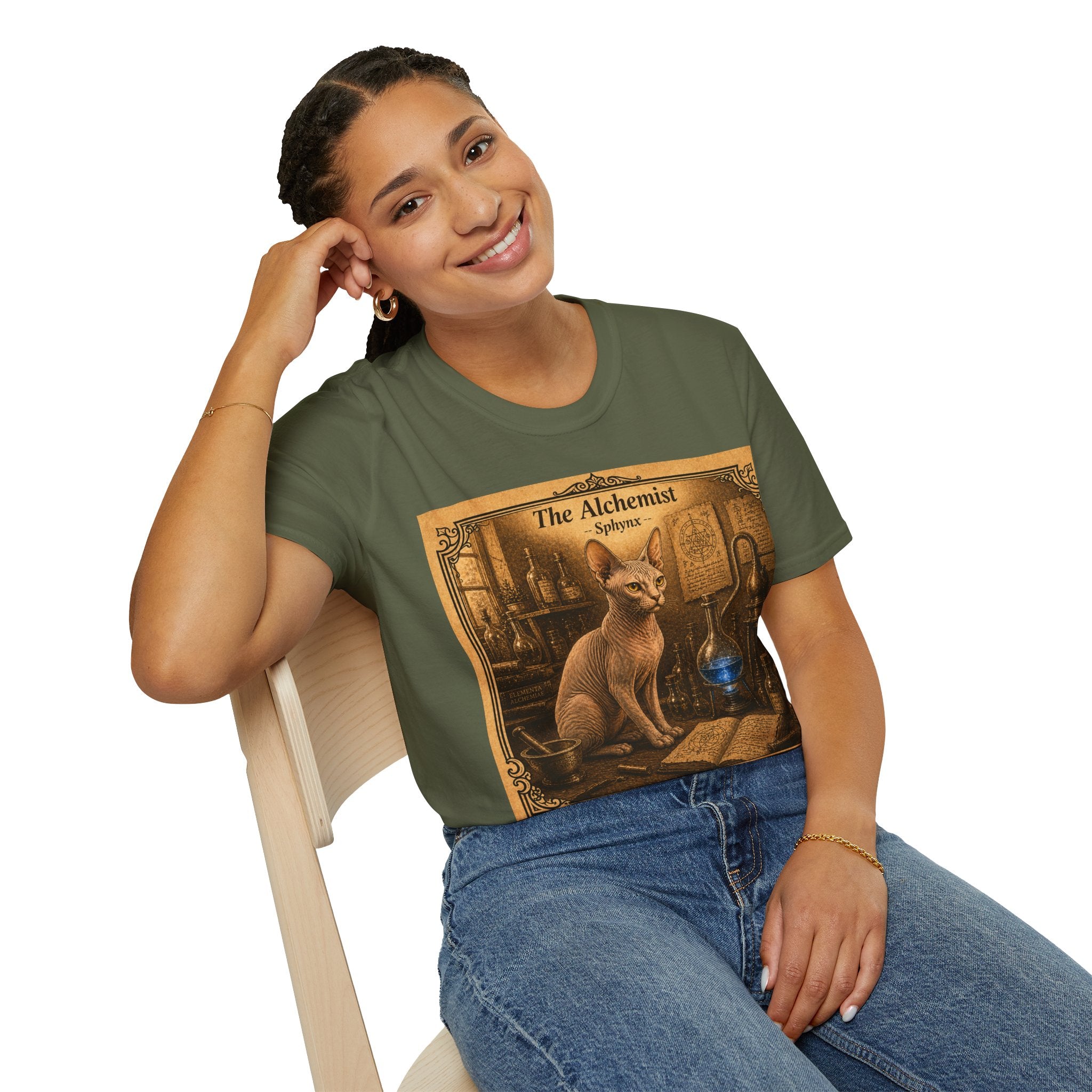 Antique Cats Archive™ Entry No. ACA-002-ALC “The Alchemist” Sphynx Cat T-Shirt – Vintage 1800s Engraving Style