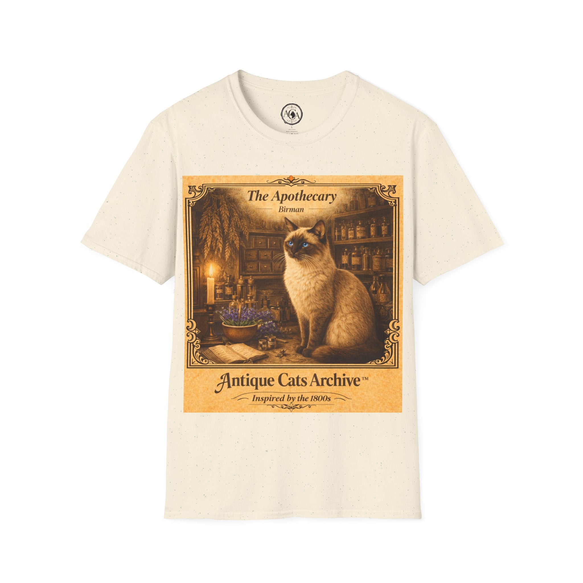 Antique Cats Archive™ Entry No. ACA-003-ALC “The Apothecary” Birman Cat T-Shirt – Vintage 1800s Engraving Style