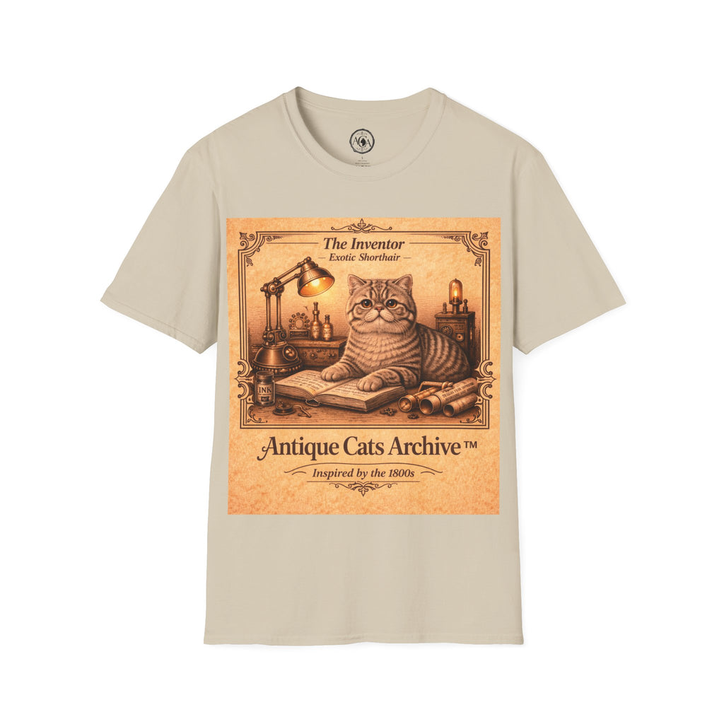 Antique Cats Archive™ Entry No. ACA-014-INV “The Inventor” Exotic Shorthair Cat T-Shirt – Vintage 1800s Engraving Style
