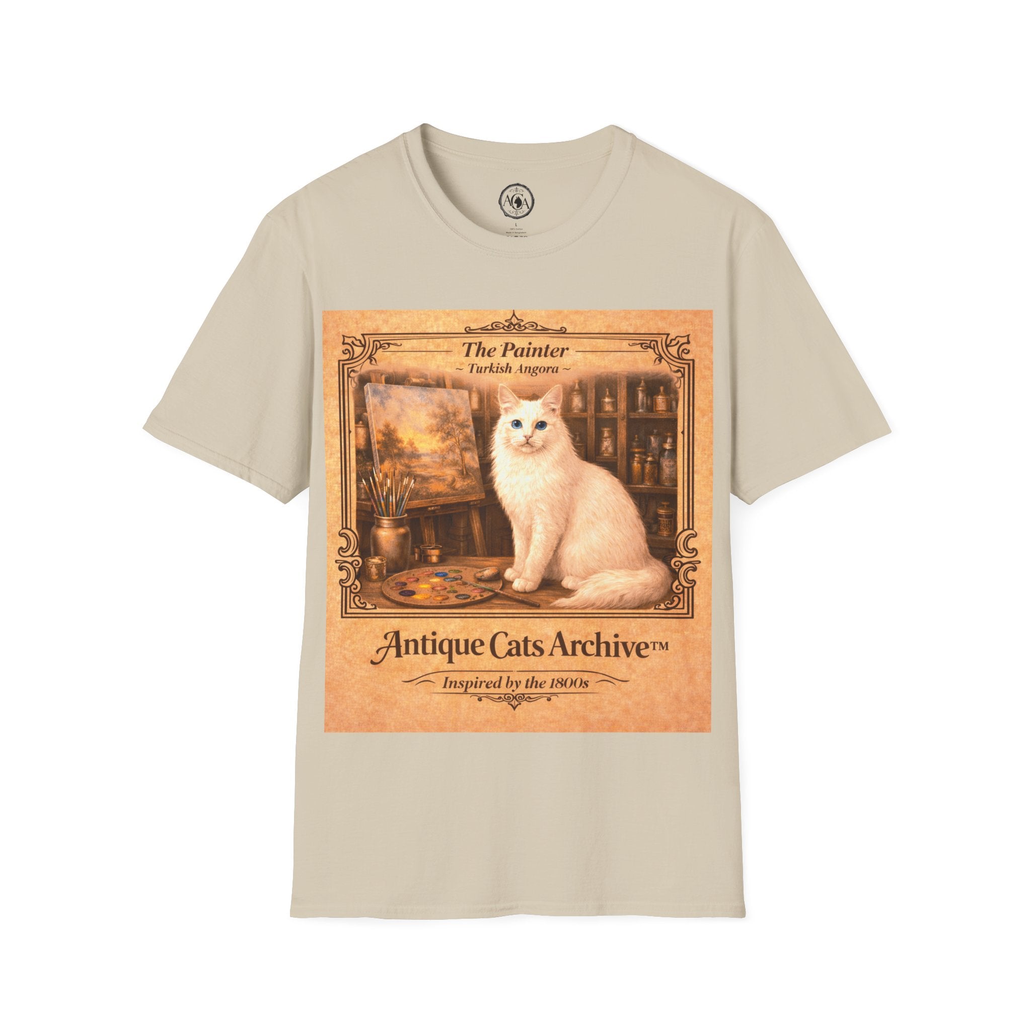 Antique Cats Archive™ Entry No. ACA-018-PNT “The Painter” Turkish Angora Cat T-Shirt – Vintage 1800s Engraving Style