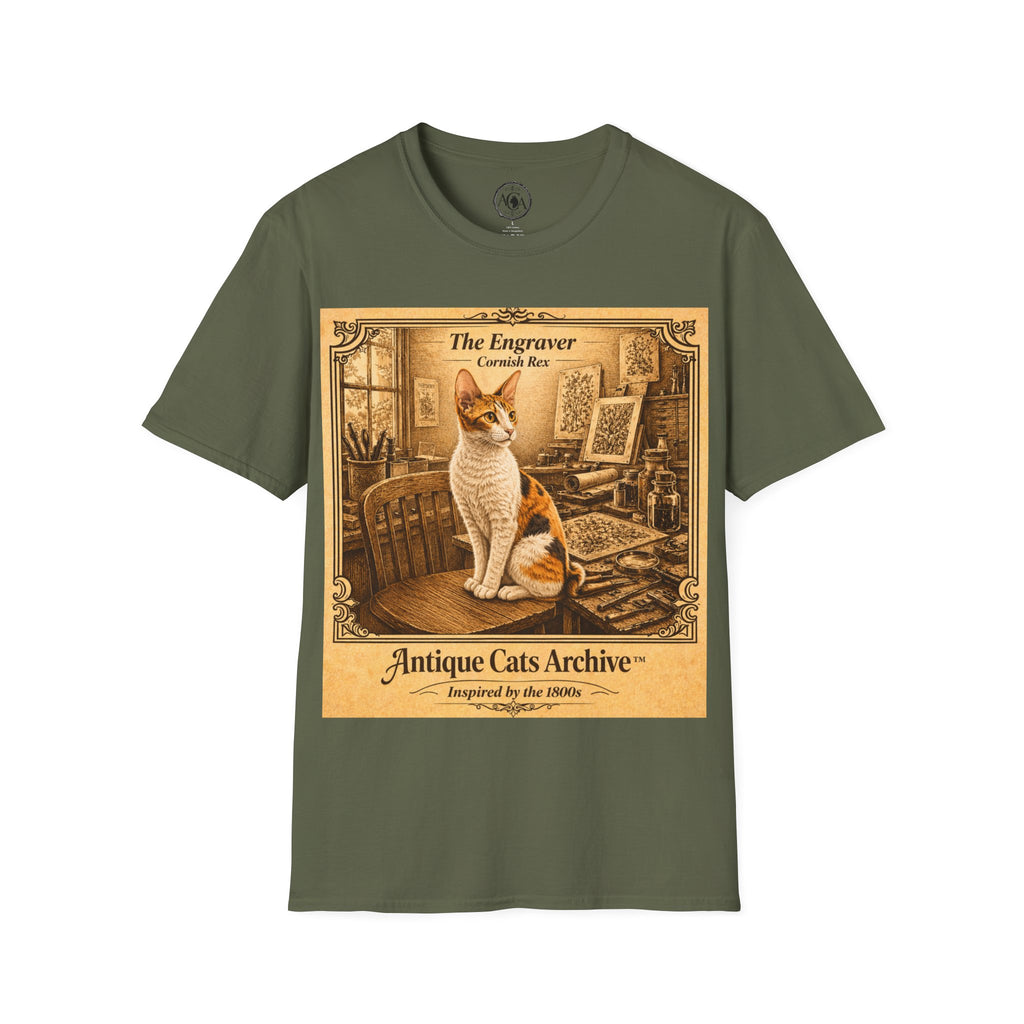 Antique Cats Archive™ Entry No. ACA-013-FND “The Engraver” Tabby Cat T-Shirt – Vintage 1800s Engraving Style