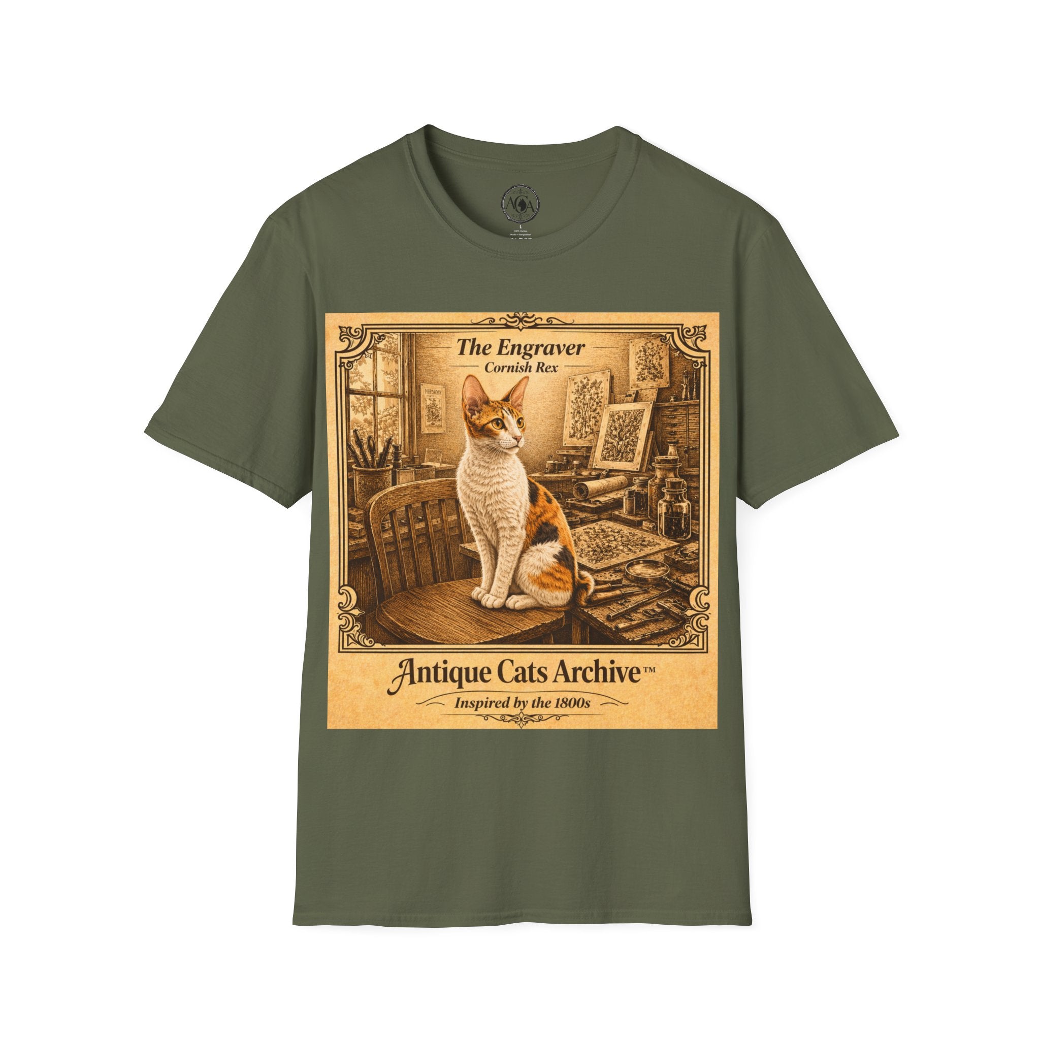 Antique Cats Archive™ Entry No. ACA-013-FND “The Engraver” Tabby Cat T-Shirt – Vintage 1800s Engraving Style