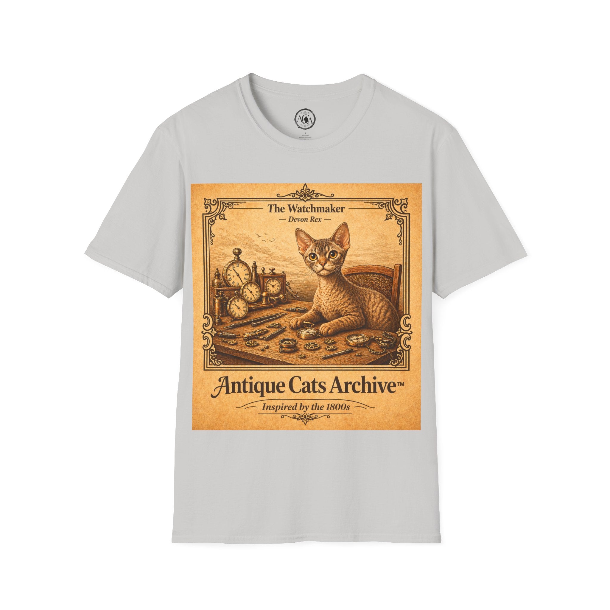 Antique Cats Archive™ Entry No. ACA-025-WAT “The Watchmaker” Devon Rex Cat T-Shirt – 1800s Engraving Style