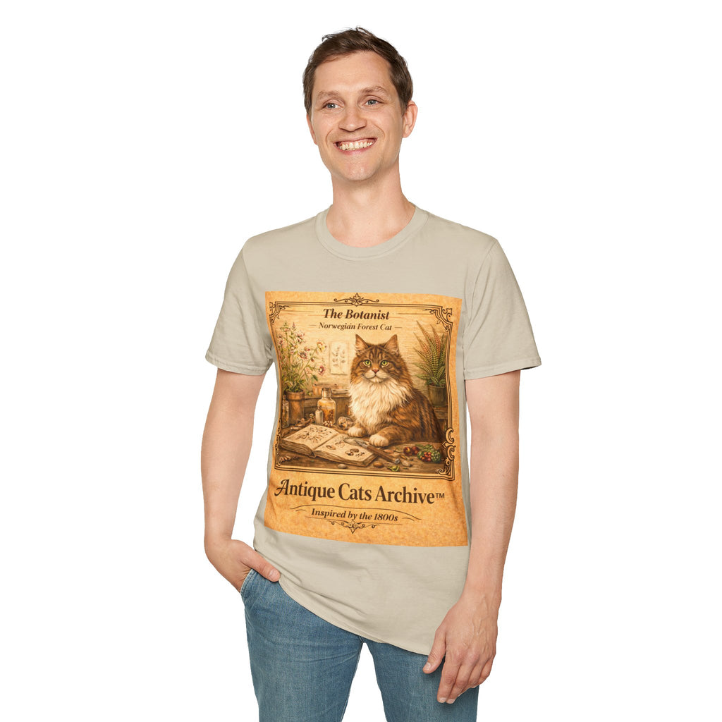 Antique Cats Archive™ Entry No. ACA-008-BOT “The Botanist” Norwegian Forest Cat T-Shirt – Vintage 1800s Engraving Style
