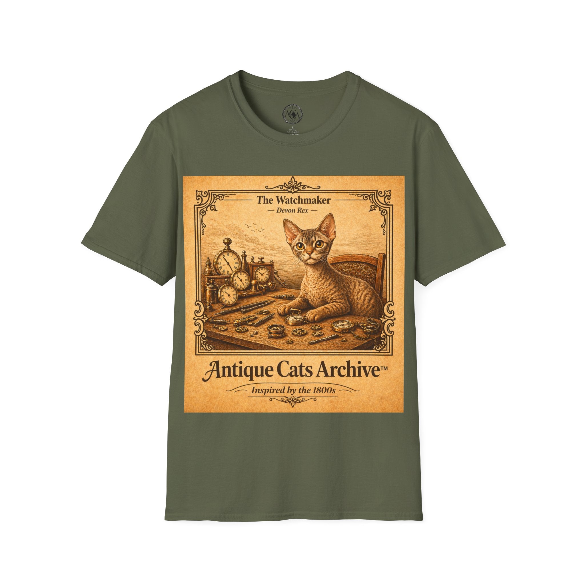 Antique Cats Archive™ Entry No. ACA-025-WAT “The Watchmaker” Devon Rex Cat T-Shirt – 1800s Engraving Style