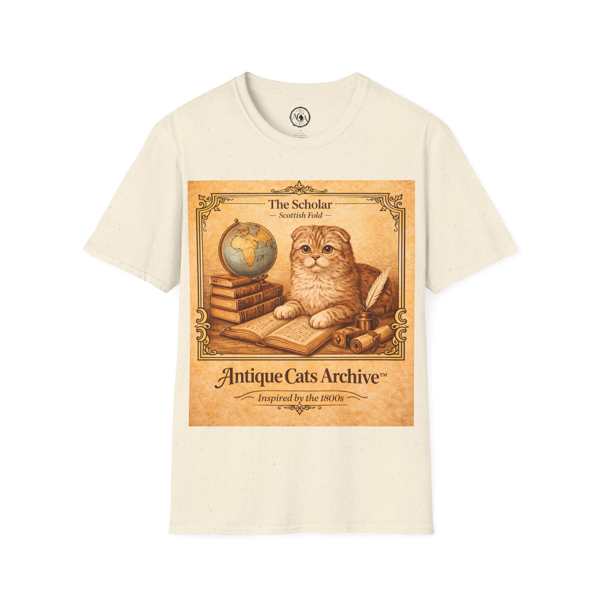 Antique Cats Archive™ Entry No. ACA-022-SCH “The Scholar” Scottish Fold Cat T-Shirt – Vintage 1800s Engraving Style