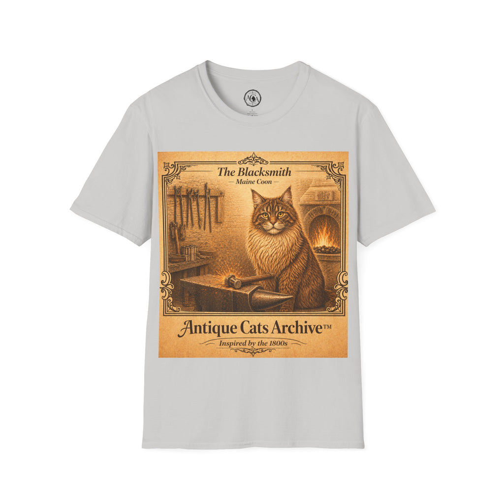 Antique Cats Archive™ Entry No. ACA-007-BLK “The Blacksmith” Maine Coon Cat T-Shirt – Vintage 1800s Engraving Style