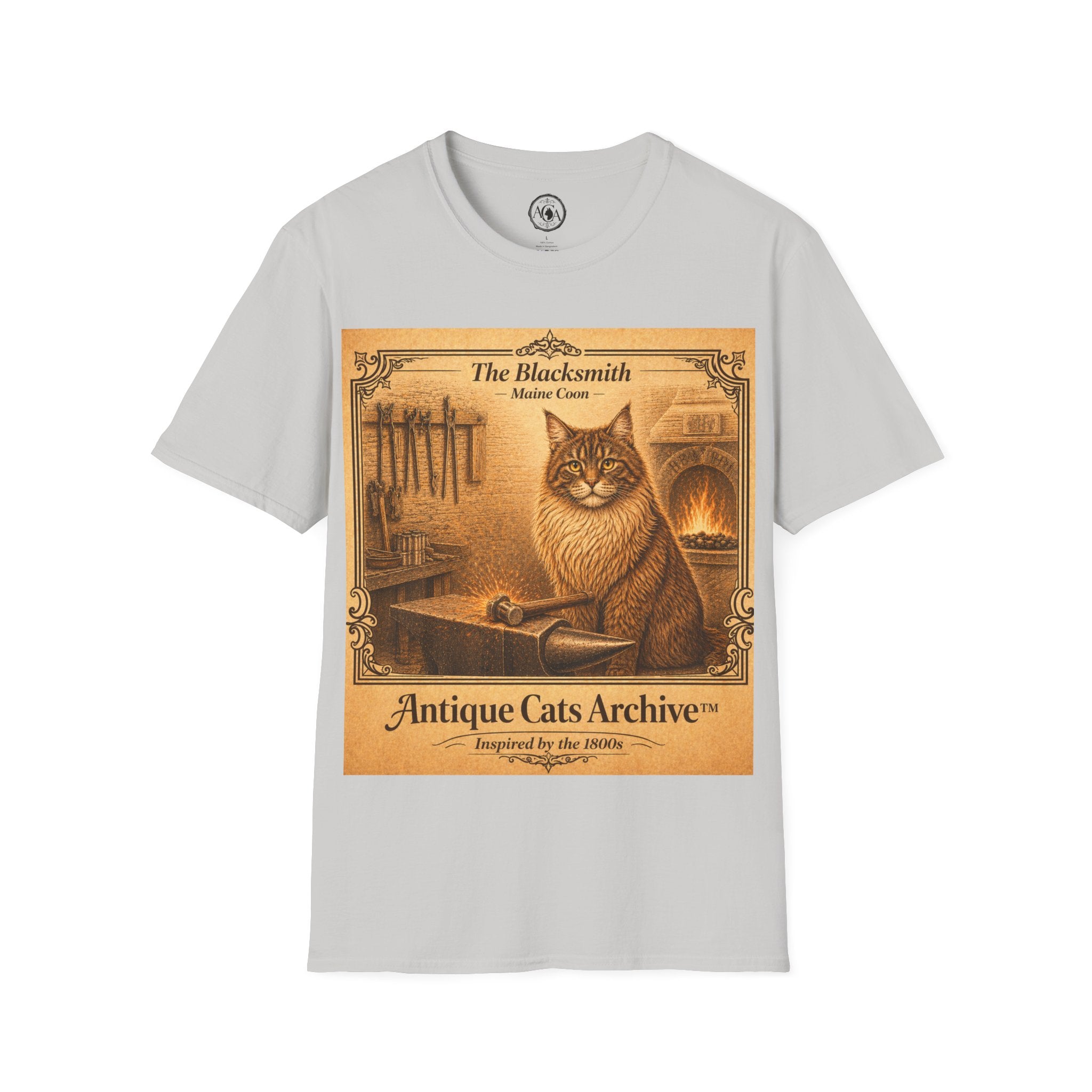 Antique Cats Archive™ Entry No. ACA-007-BLK “The Blacksmith” Maine Coon Cat T-Shirt – Vintage 1800s Engraving Style