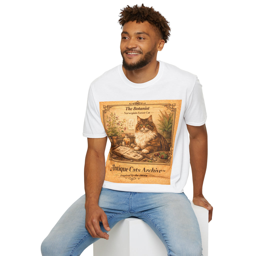 Antique Cats Archive™ Entry No. ACA-008-BOT “The Botanist” Norwegian Forest Cat T-Shirt – Vintage 1800s Engraving Style