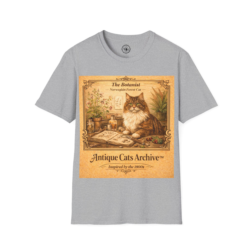 Antique Cats Archive™ Entry No. ACA-008-BOT “The Botanist” Norwegian Forest Cat T-Shirt – Vintage 1800s Engraving Style