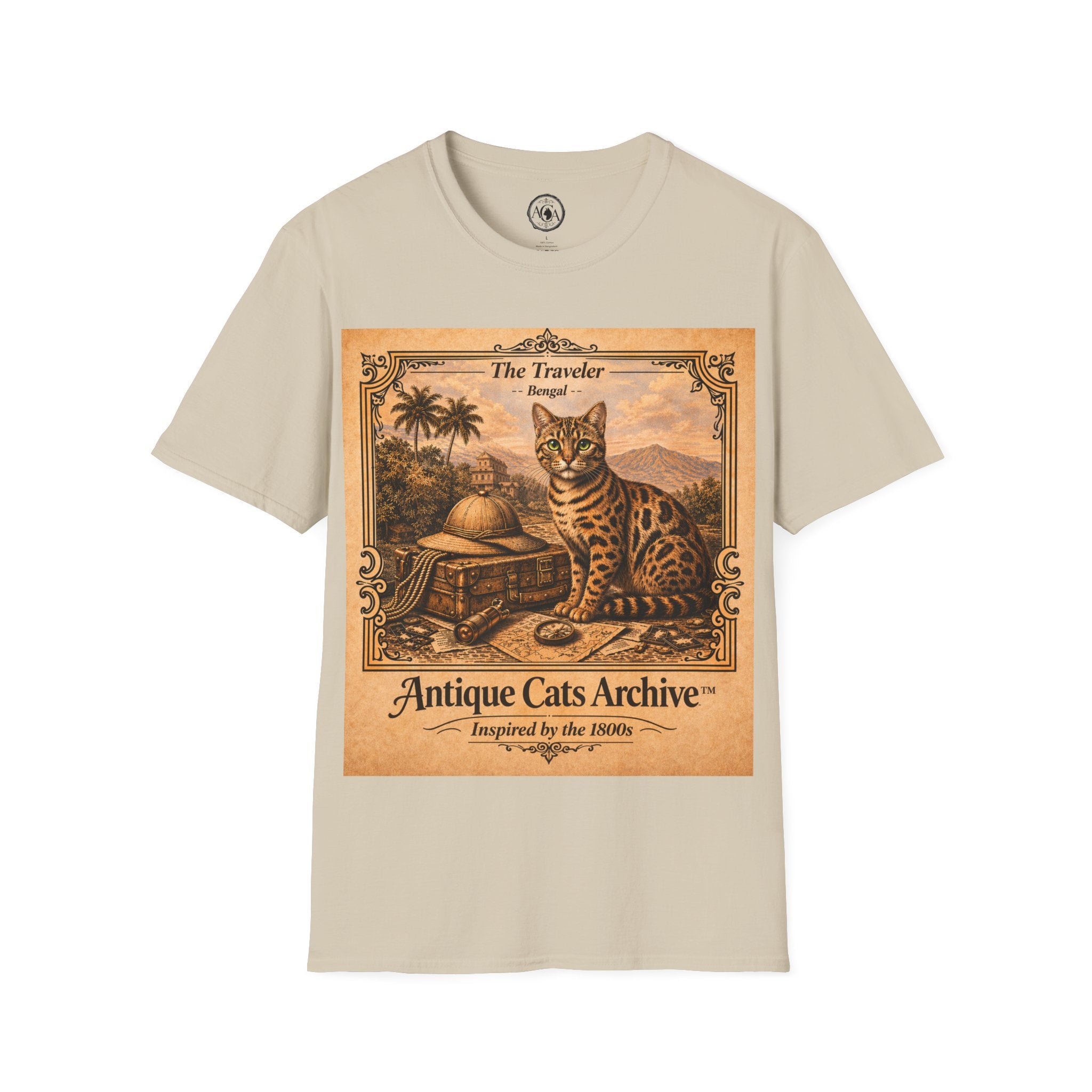 Antique Cats Archive™ Entry No. ACA-024-TRV “The Traveler” Bengal Cat T-Shirt – Vintage 1800s Engraving Style