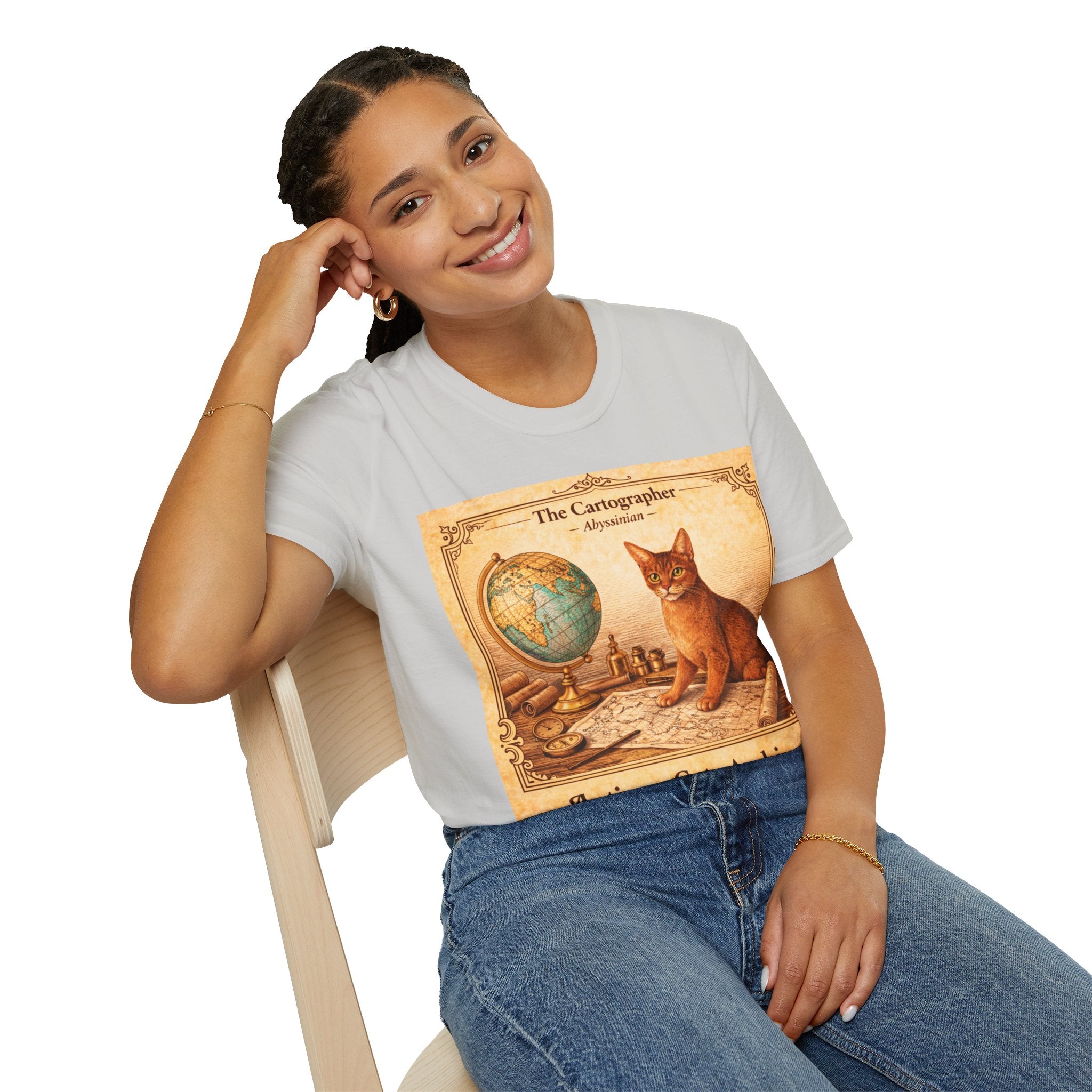 Antique Cats Archive™ Entry No. ACA-009-CAR “The Cartographer” Abyssinian Cat T-Shirt – Vintage 1800s Engraving Style