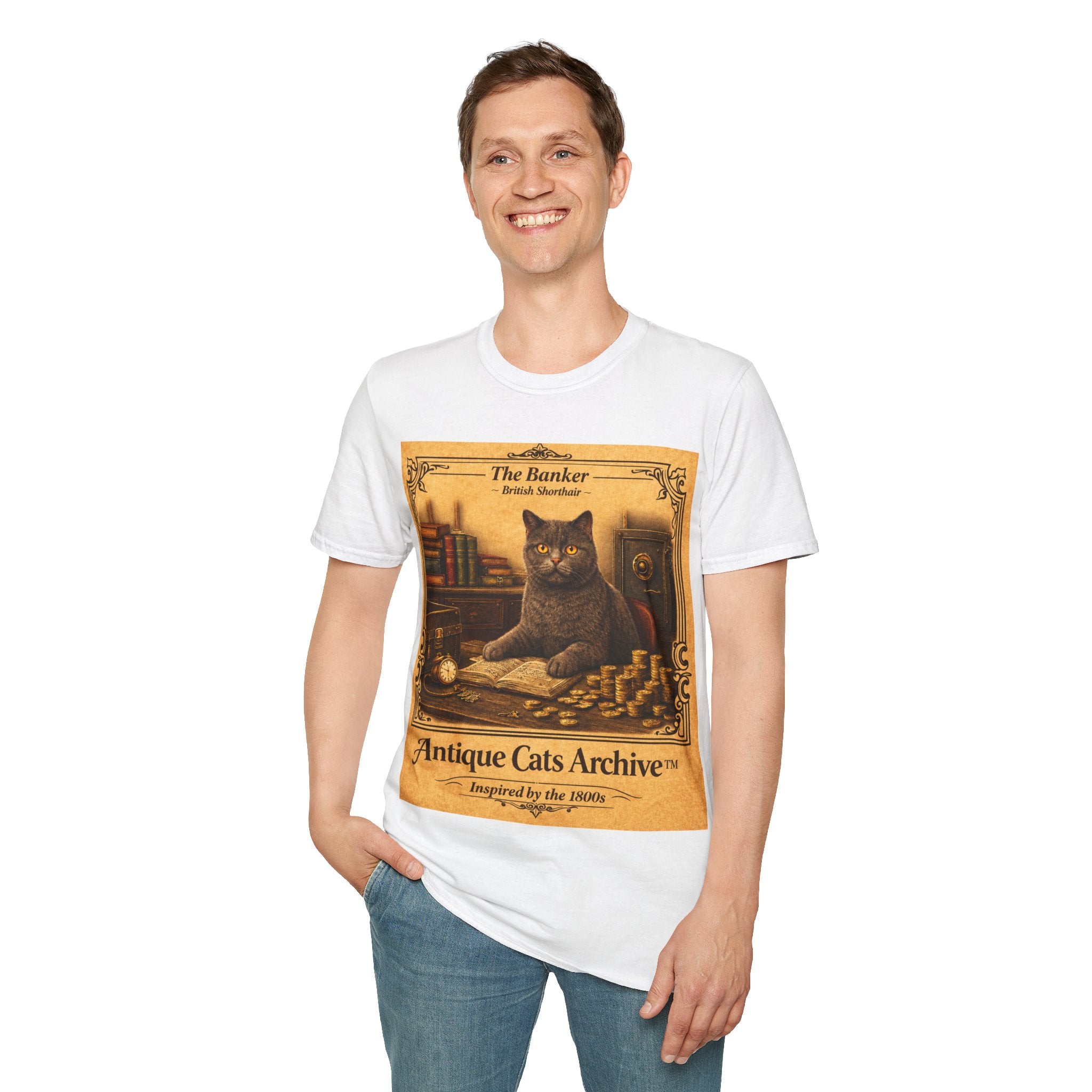 Antique Cats Archive™ Entry No. ACA-006-BNK “The Banker” British Shorthair Cat T-Shirt – Vintage 1800s Engraving Style