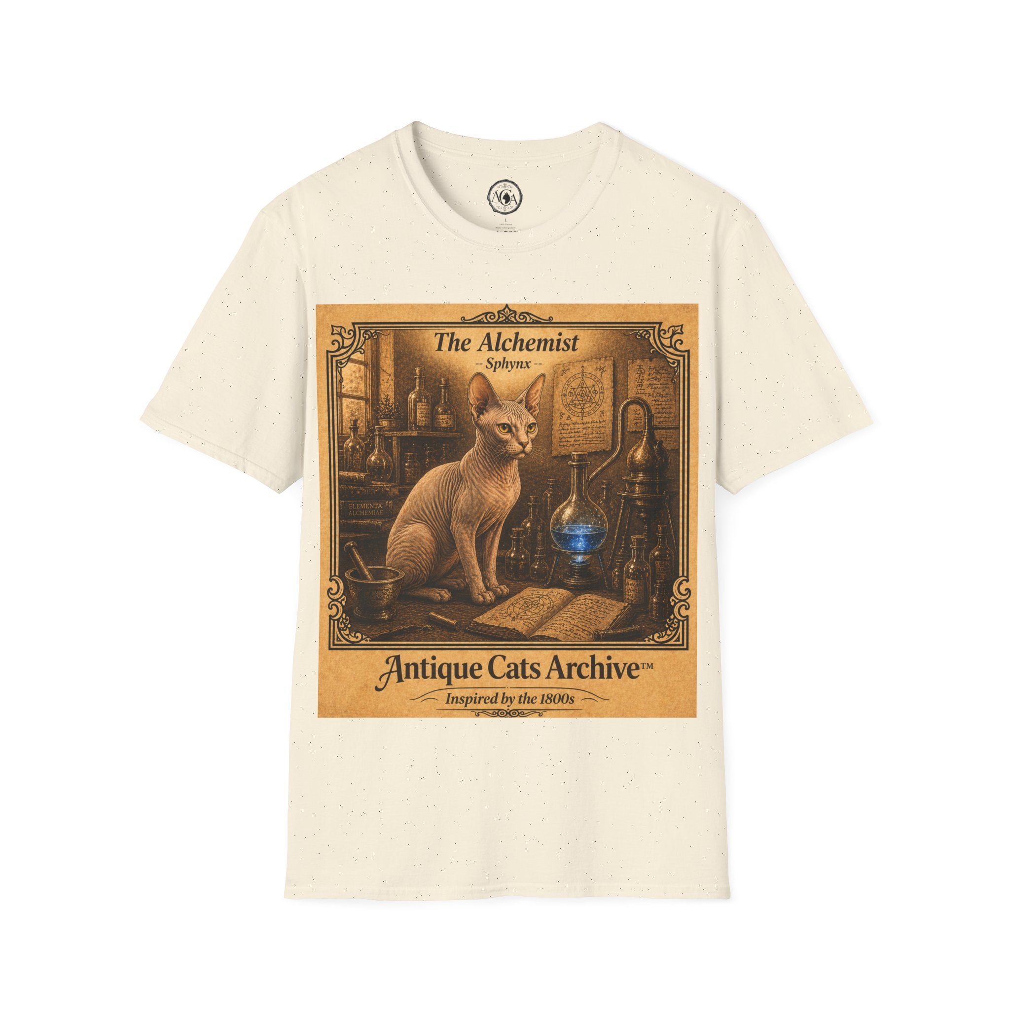Antique Cats Archive™ Entry No. ACA-002-ALC “The Alchemist” Sphynx Cat T-Shirt – Vintage 1800s Engraving Style
