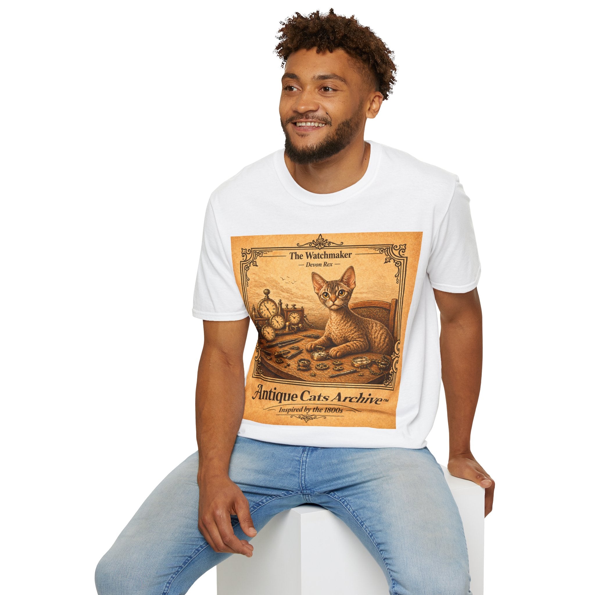 Antique Cats Archive™ Entry No. ACA-025-WAT “The Watchmaker” Devon Rex Cat T-Shirt – 1800s Engraving Style