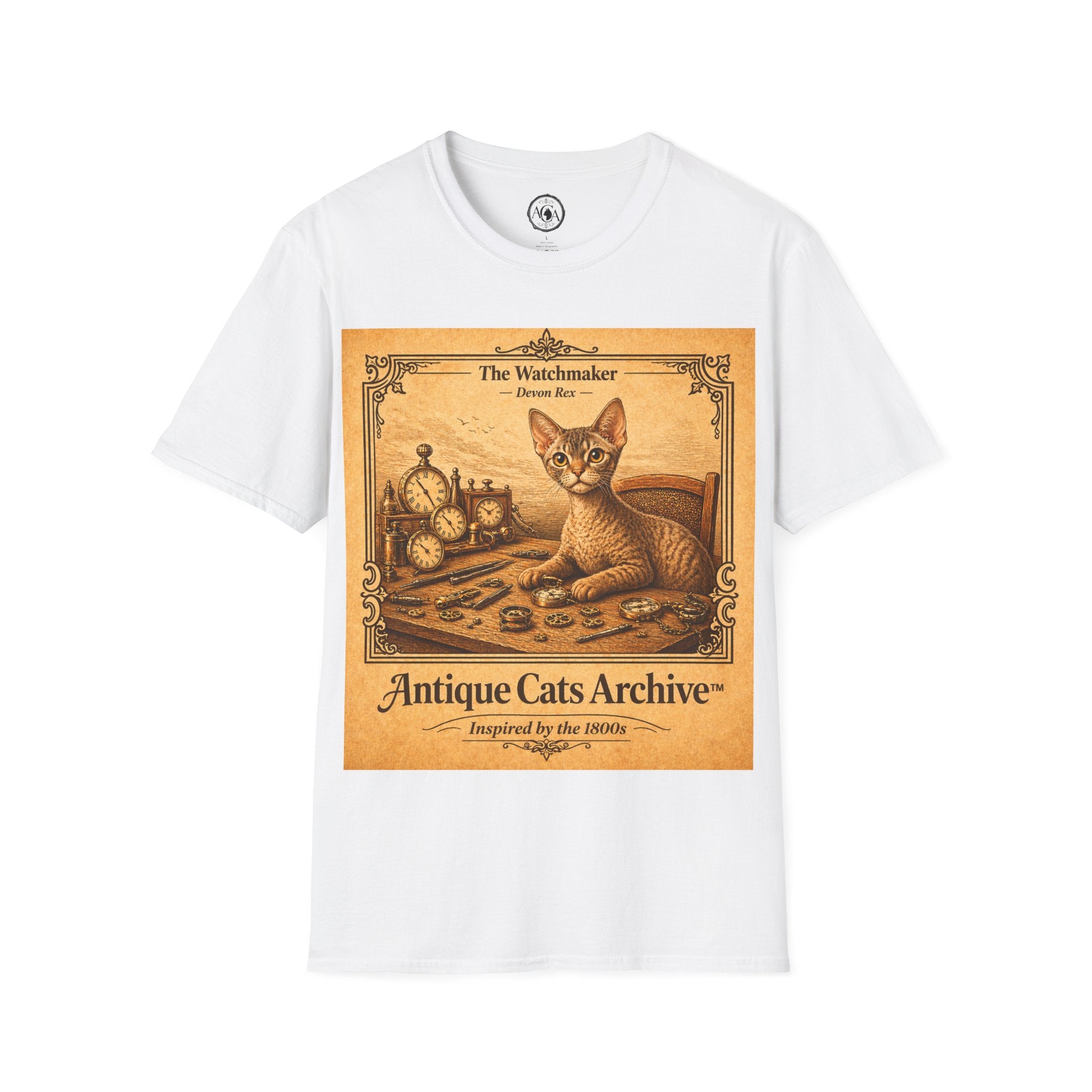Antique Cats Archive™ Entry No. ACA-025-WAT “The Watchmaker” Devon Rex Cat T-Shirt – 1800s Engraving Style