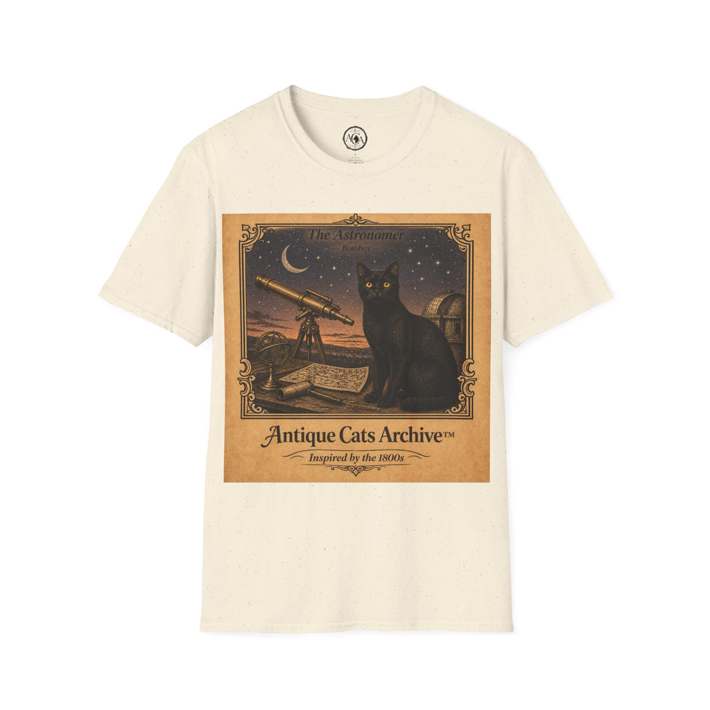 Antique Cats Archive™ Entry No. ACA-004-AST “The Astronomer” Bombay Cat T-Shirt – Vintage 1800s Engraving Style
