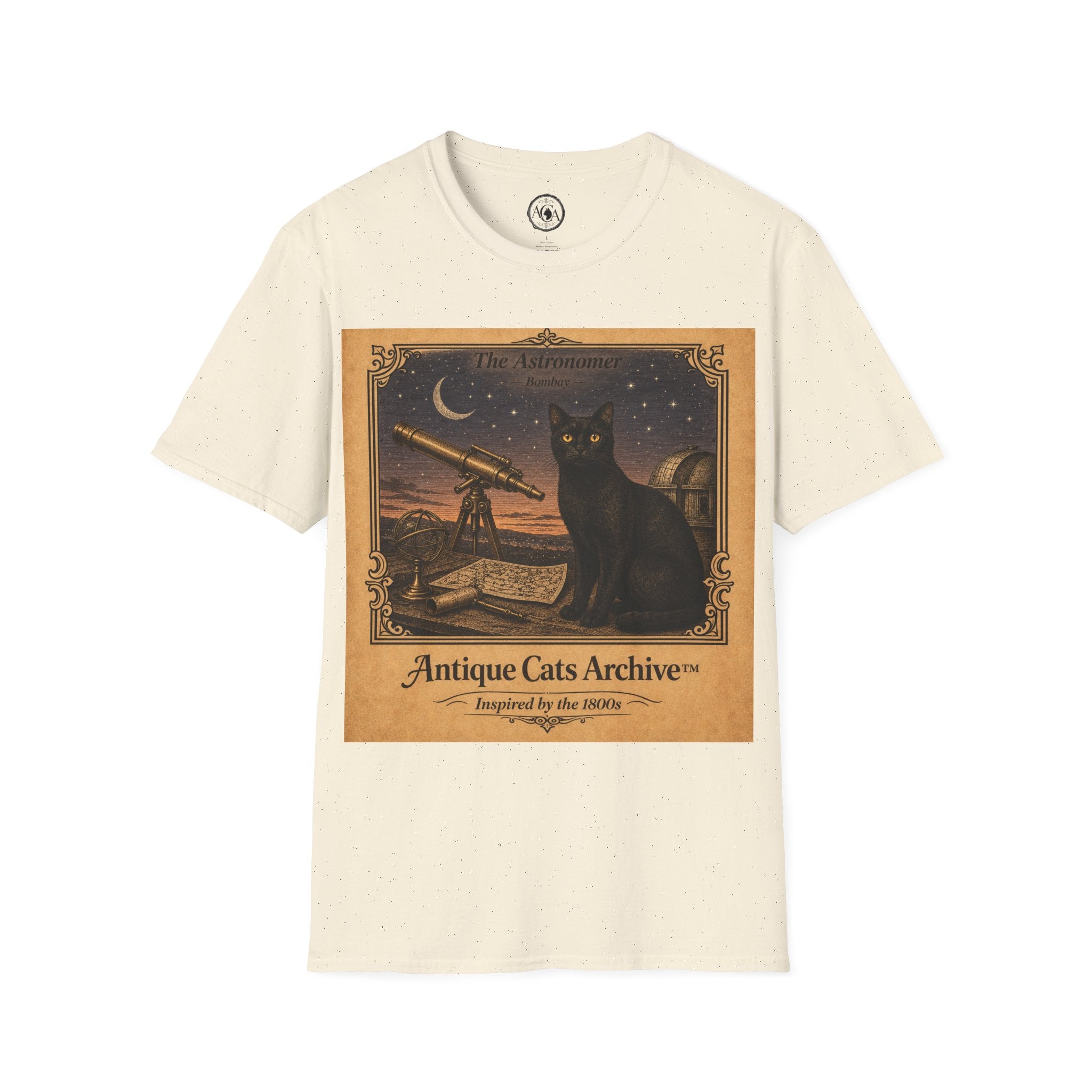 Antique Cats Archive™ Entry No. ACA-004-AST “The Astronomer” Bombay Cat T-Shirt – Vintage 1800s Engraving Style