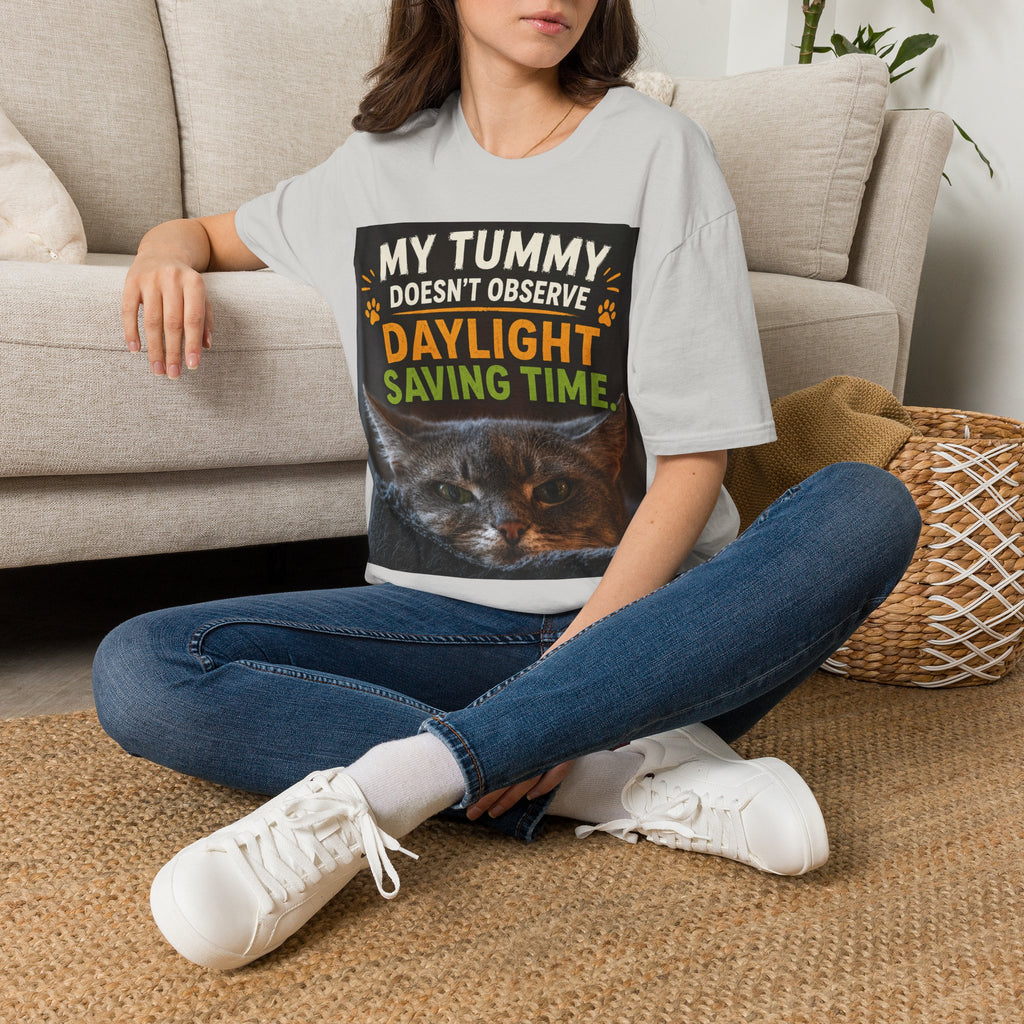 Funny Cat Shirt, This Tummy Doesn't Observe Your Daylight Saving Time, Cat Owner Gift, Hungry Cat Meme, Cat Lover T-Shirt