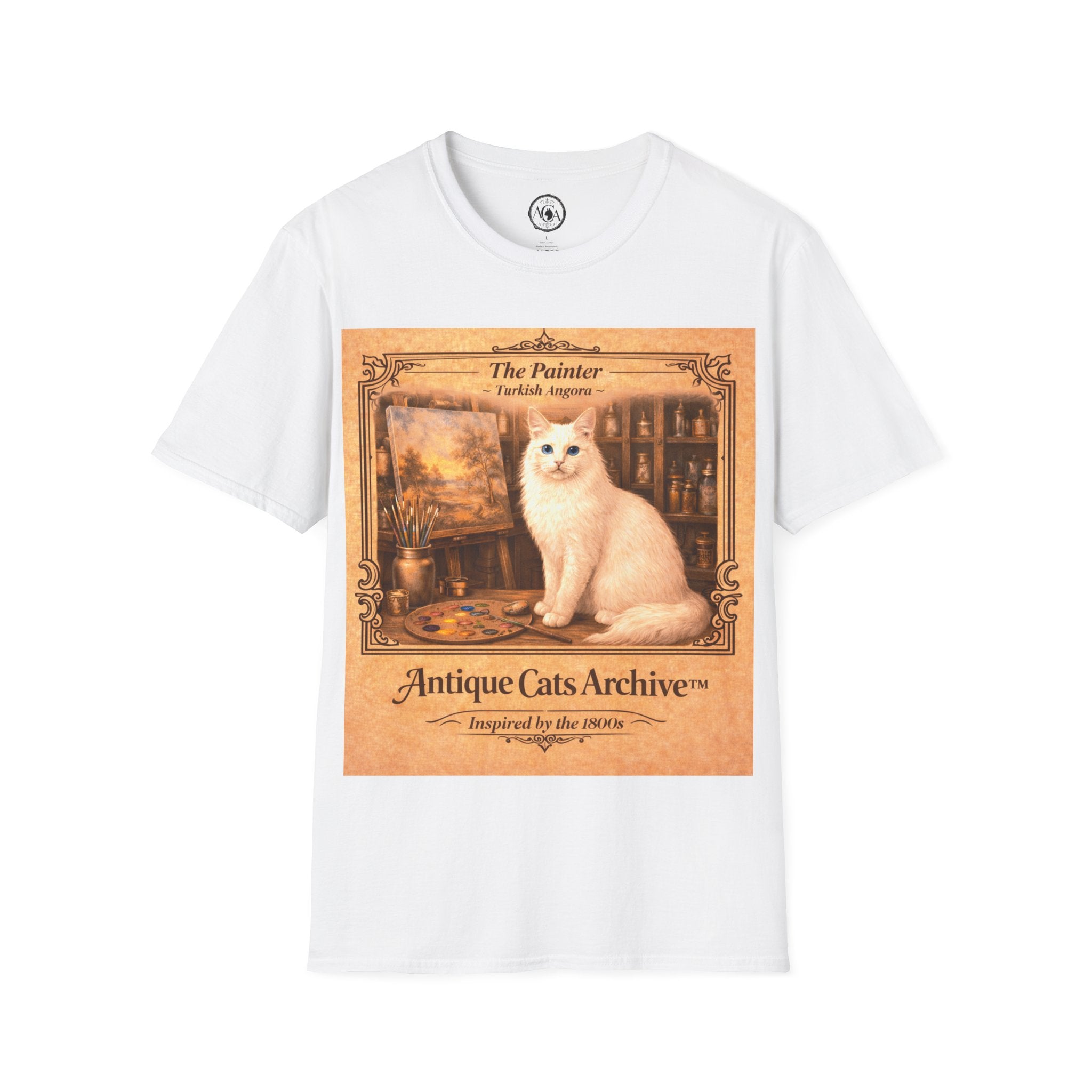 Antique Cats Archive™ Entry No. ACA-018-PNT “The Painter” Turkish Angora Cat T-Shirt – Vintage 1800s Engraving Style