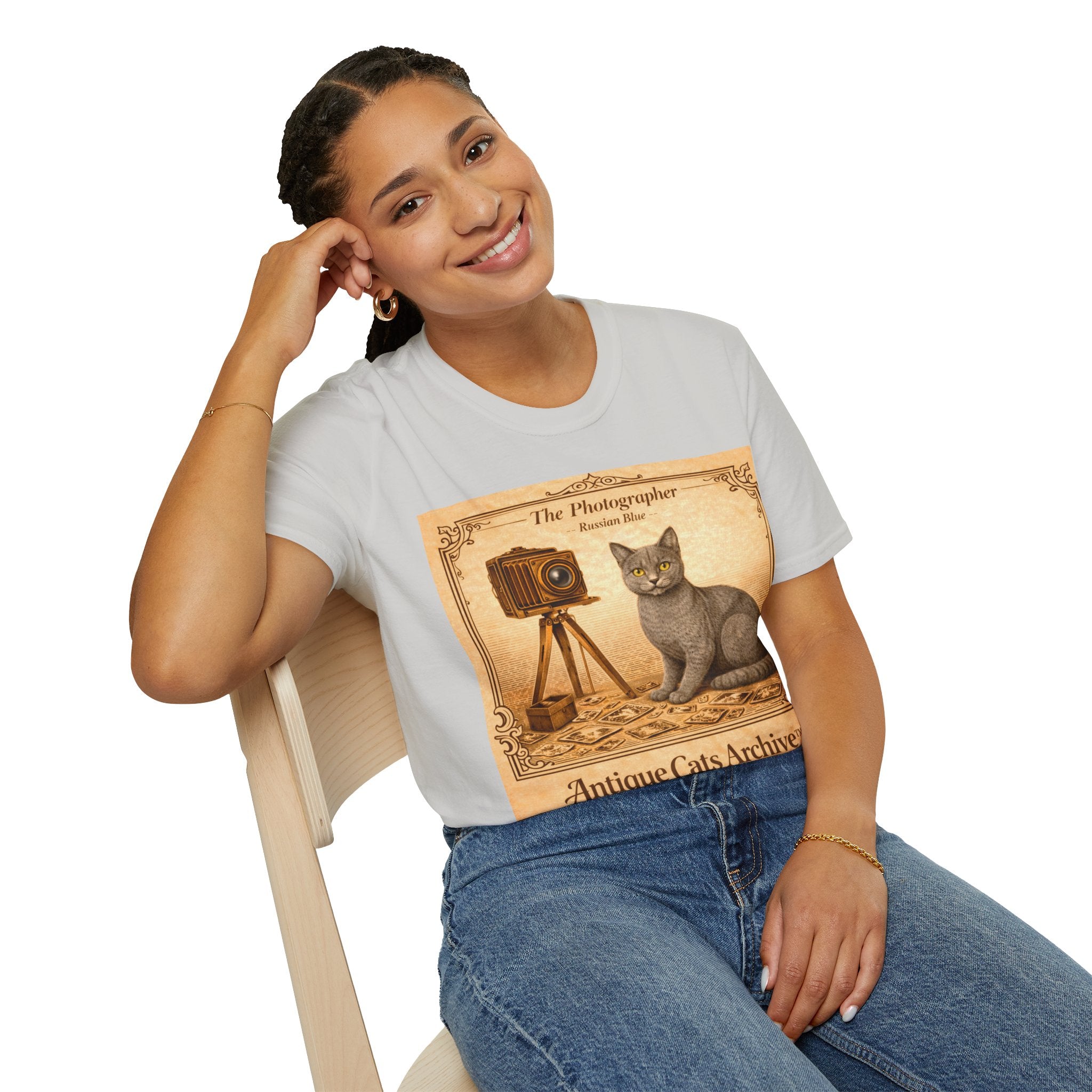 Antique Cats Archive™ Entry No. ACA-019-PHO “The Photographer” Russian Blue Cat T-Shirt – Vintage 1800s Engraving Style