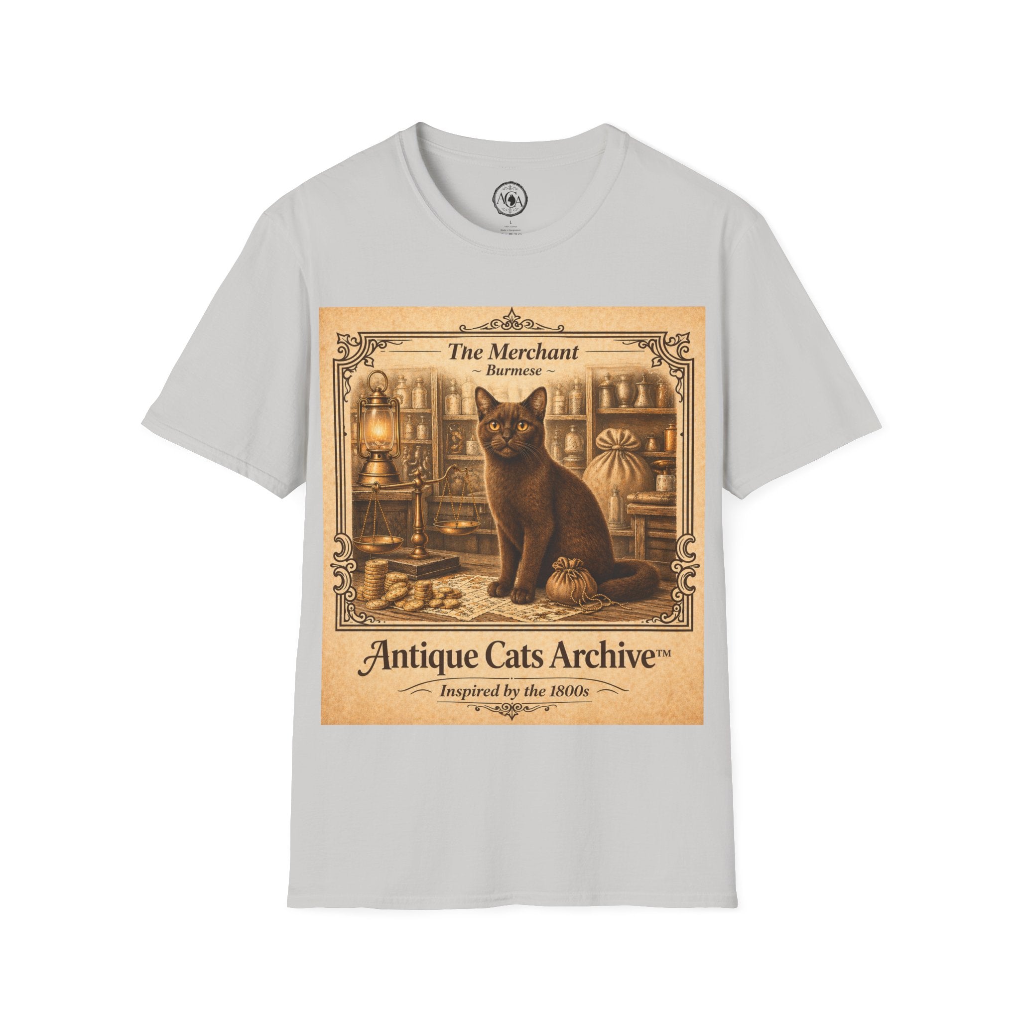 Antique Cats Archive™ Entry No. ACA-017-MER “The Merchant” Burmese Cat T-Shirt – Vintage 1800s Engraving Style
