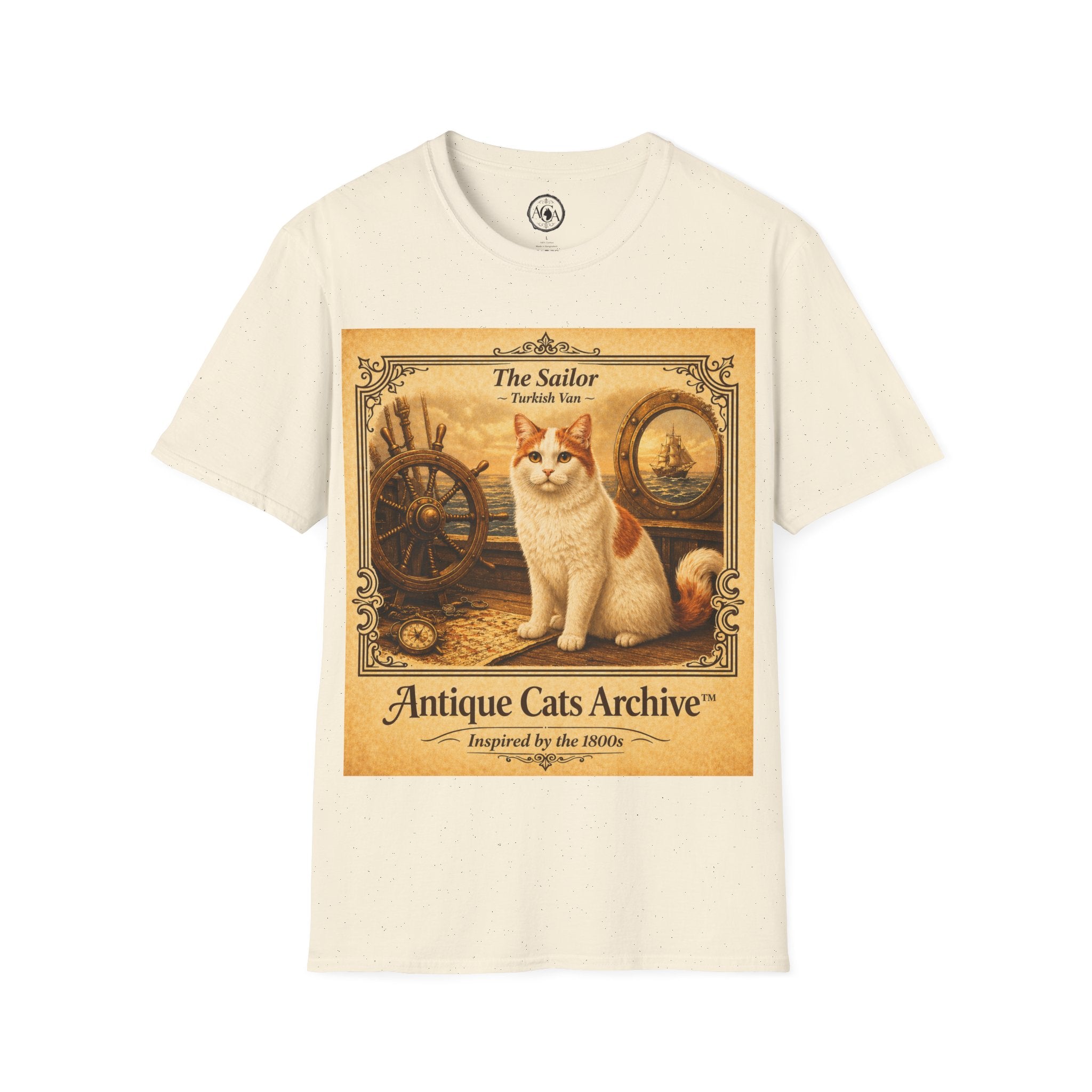 Antique Cats Archive™ Entry No. ACA-021-SAI “The Sailor” Turkish Van Cat T-Shirt – Vintage 1800s Engraving Style