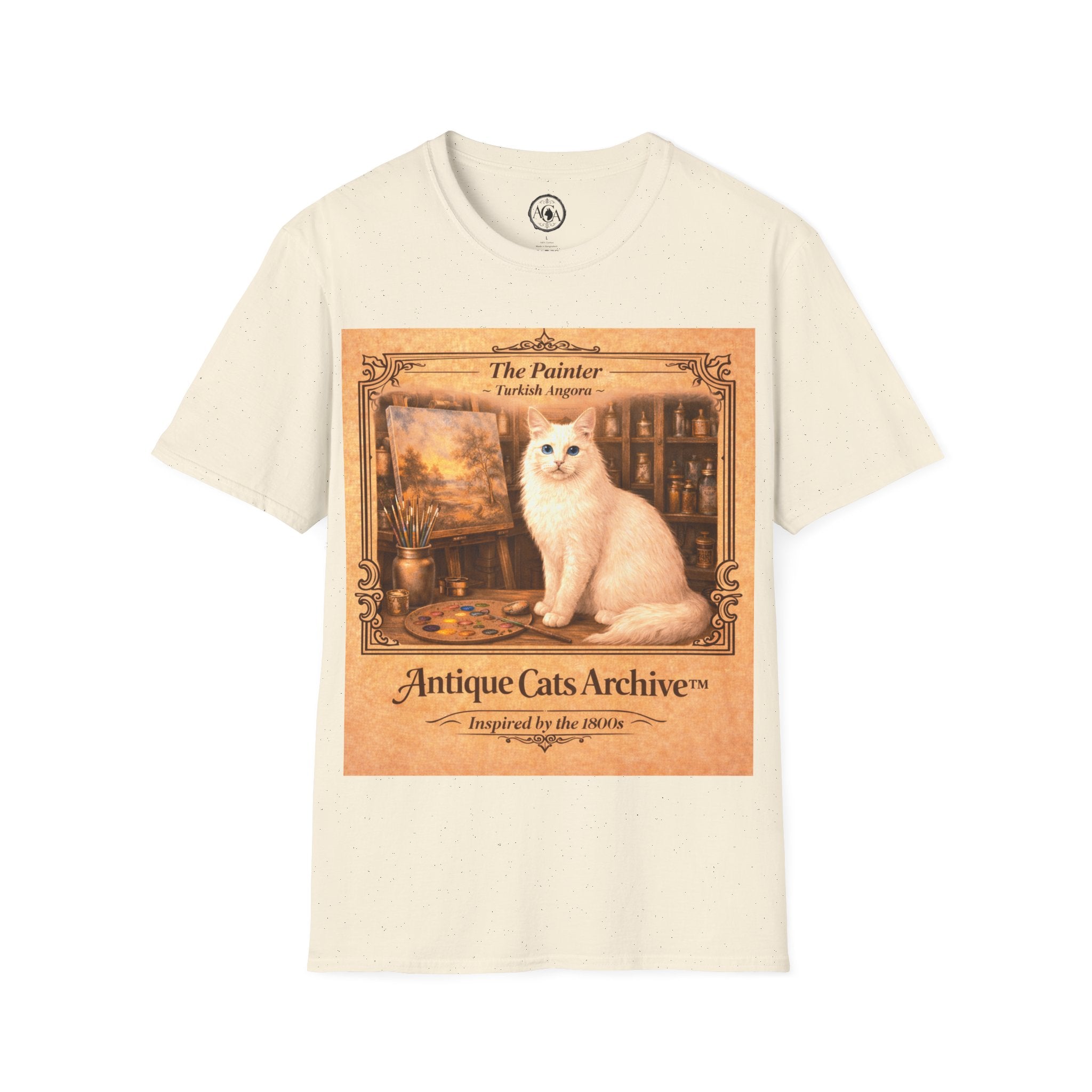 Antique Cats Archive™ Entry No. ACA-018-PNT “The Painter” Turkish Angora Cat T-Shirt – Vintage 1800s Engraving Style