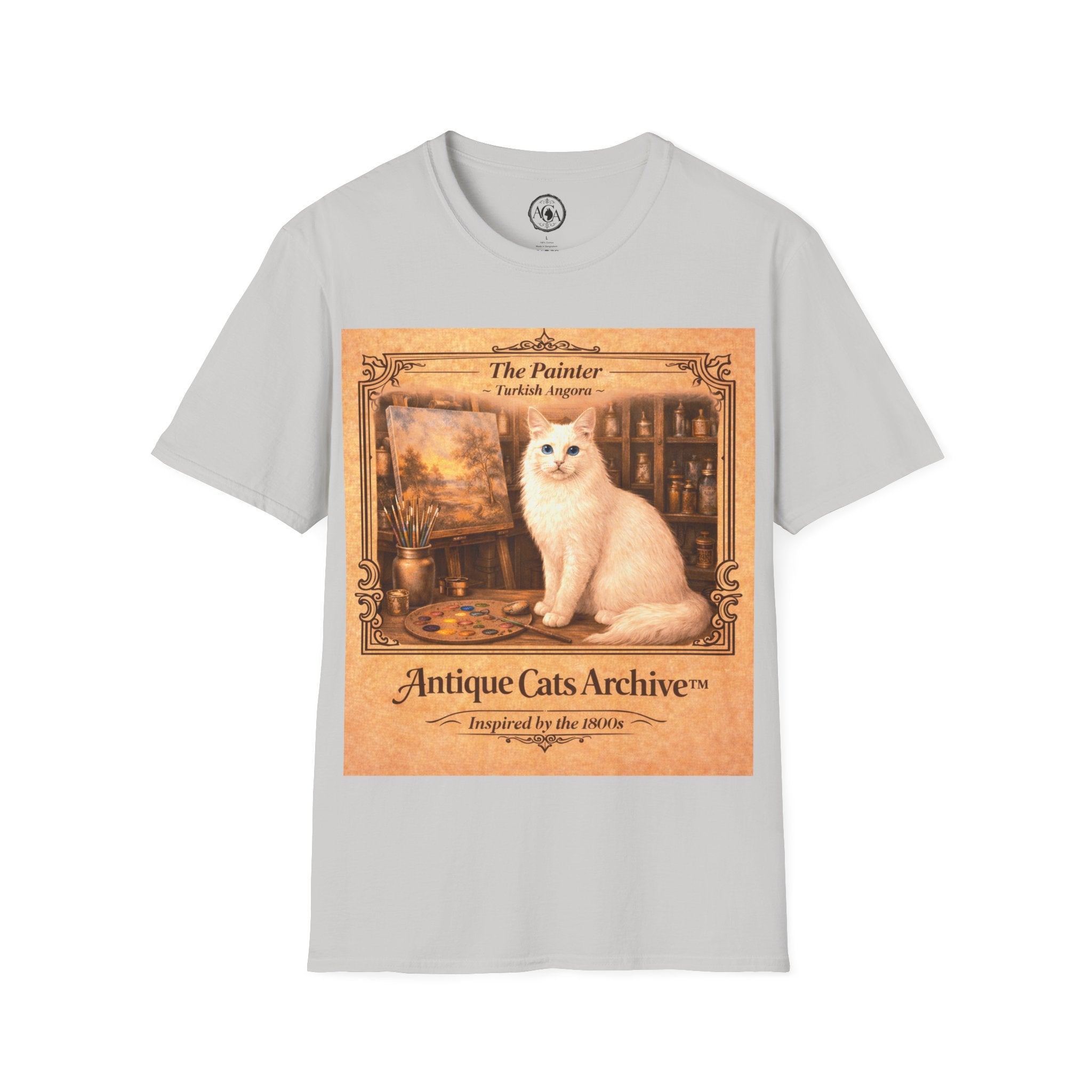 Antique Cats Archive™ Entry No. ACA-018-PNT “The Painter” Turkish Angora Cat T-Shirt – Vintage 1800s Engraving Style
