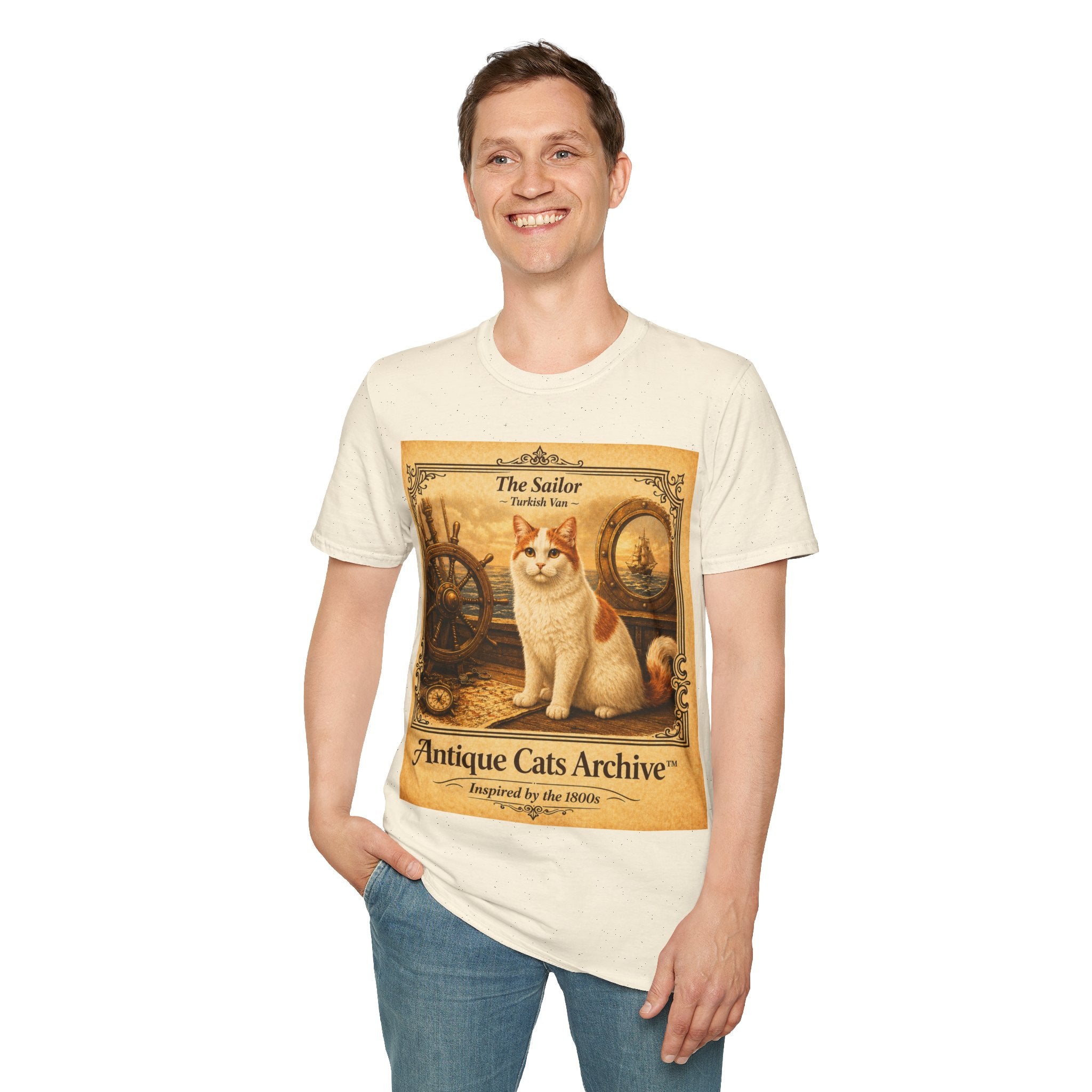 Antique Cats Archive™ Entry No. ACA-021-SAI “The Sailor” Turkish Van Cat T-Shirt – Vintage 1800s Engraving Style