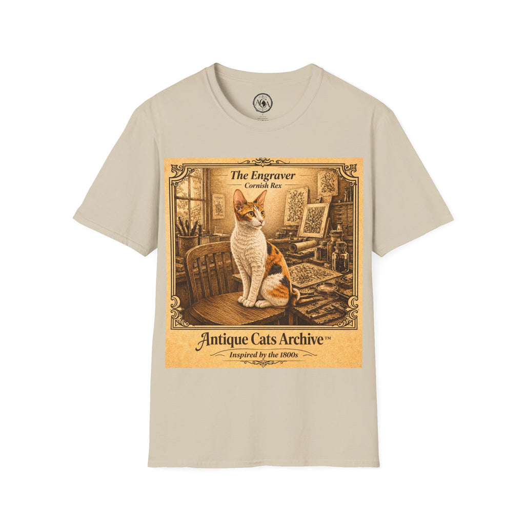 Antique Cats Archive™ Entry No. ACA-013-FND “The Engraver” Tabby Cat T-Shirt – Vintage 1800s Engraving Style