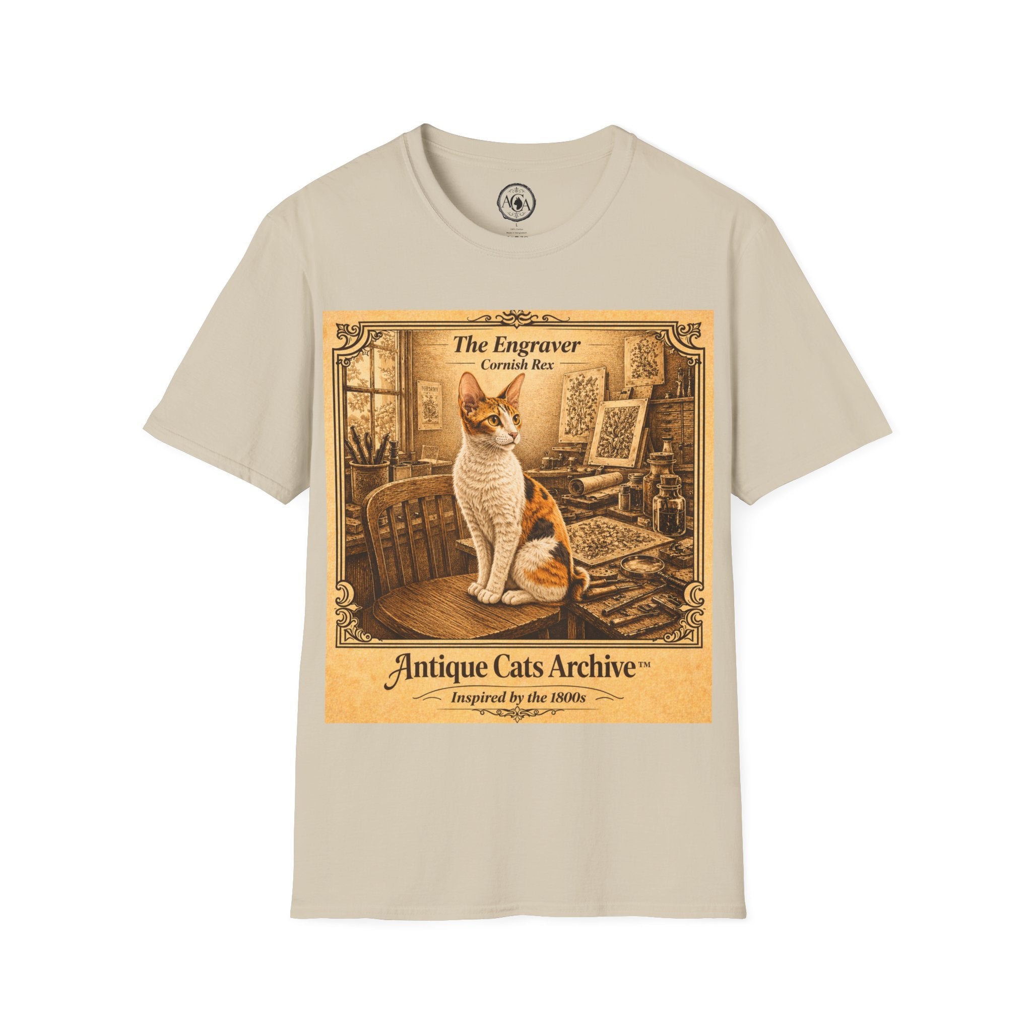 Antique Cats Archive™ Entry No. ACA-013-FND “The Engraver” Tabby Cat T-Shirt – Vintage 1800s Engraving Style