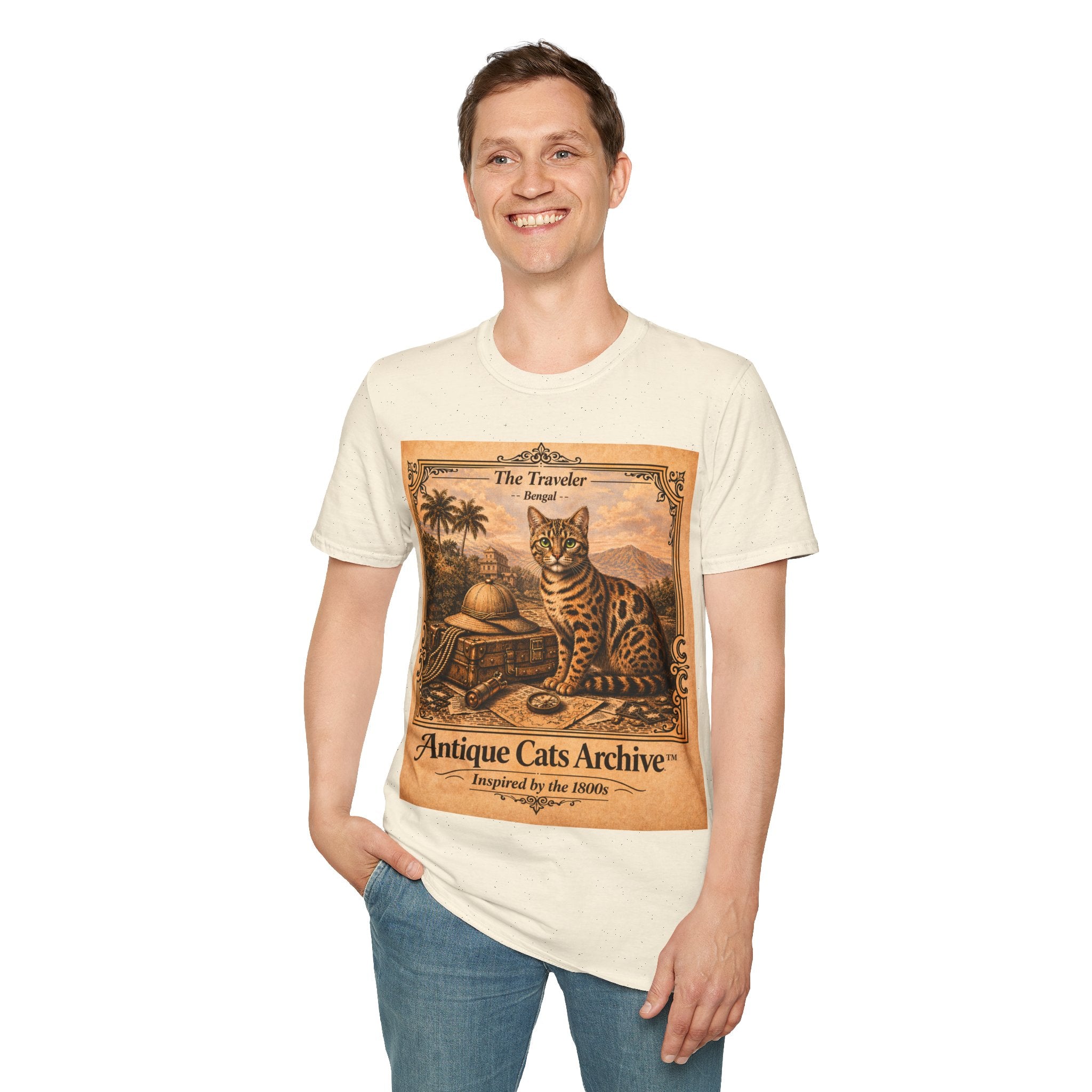 Antique Cats Archive™ Entry No. ACA-024-TRV “The Traveler” Bengal Cat T-Shirt – Vintage 1800s Engraving Style