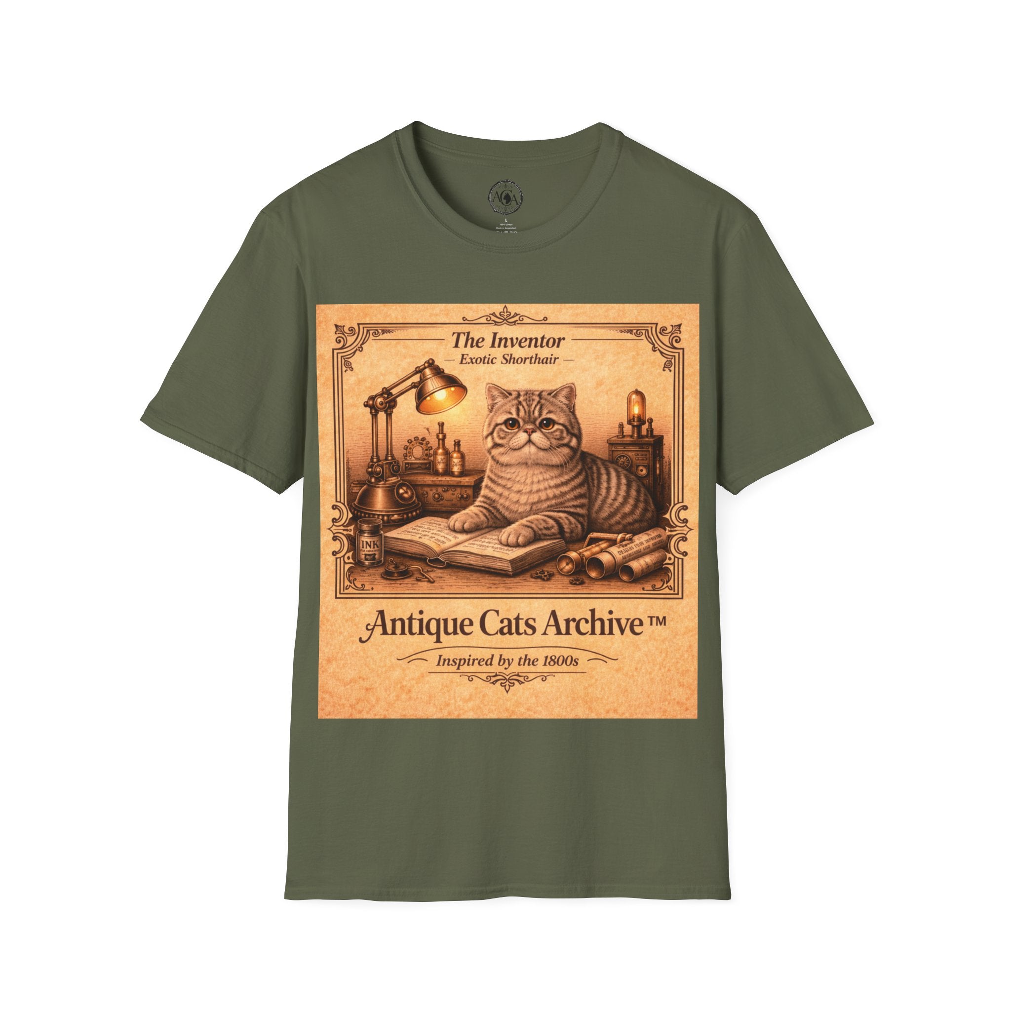 Antique Cats Archive™ Entry No. ACA-014-INV “The Inventor” Exotic Shorthair Cat T-Shirt – Vintage 1800s Engraving Style